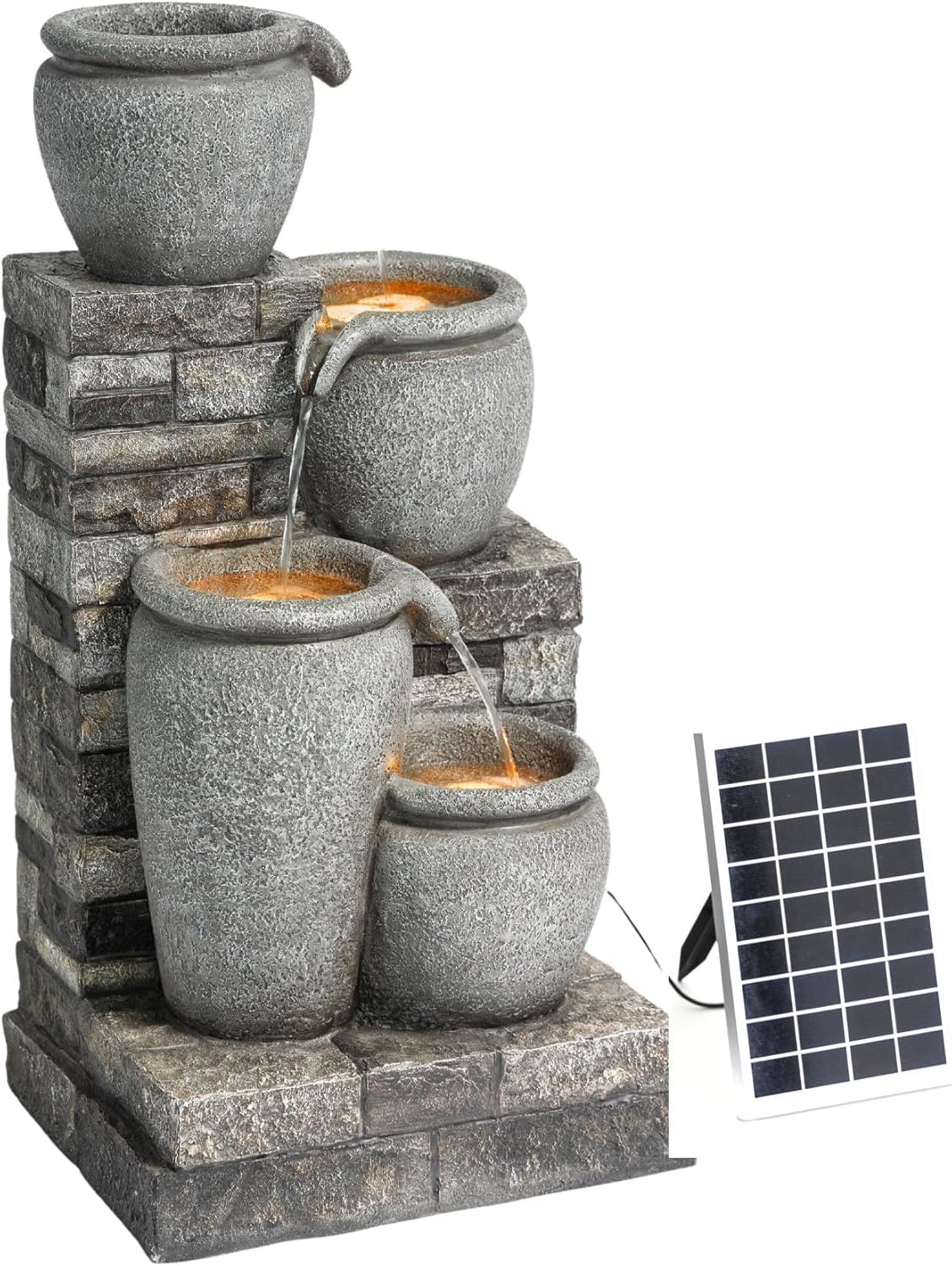 Teamson Home 30.7" 4-Tier Cascading Bowl Solar Powered Water Fountain for Outdoor Living Spaces, Gray