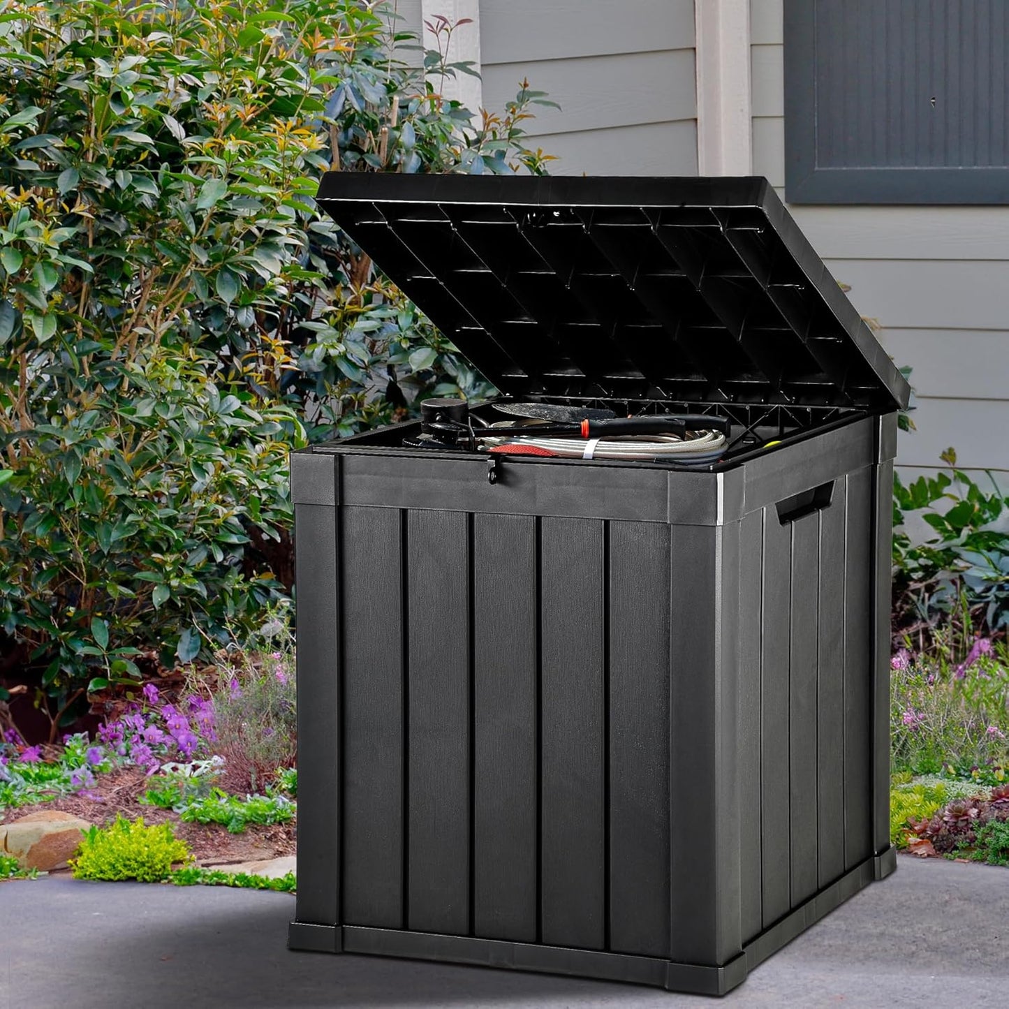 YITAHOME Deck Box, 51 Gallon Weatherproof Outdoor Storage Container for Patio Cushions, Pool Supplies, Garden Tools, Lockable Lid and Side Handles, Black