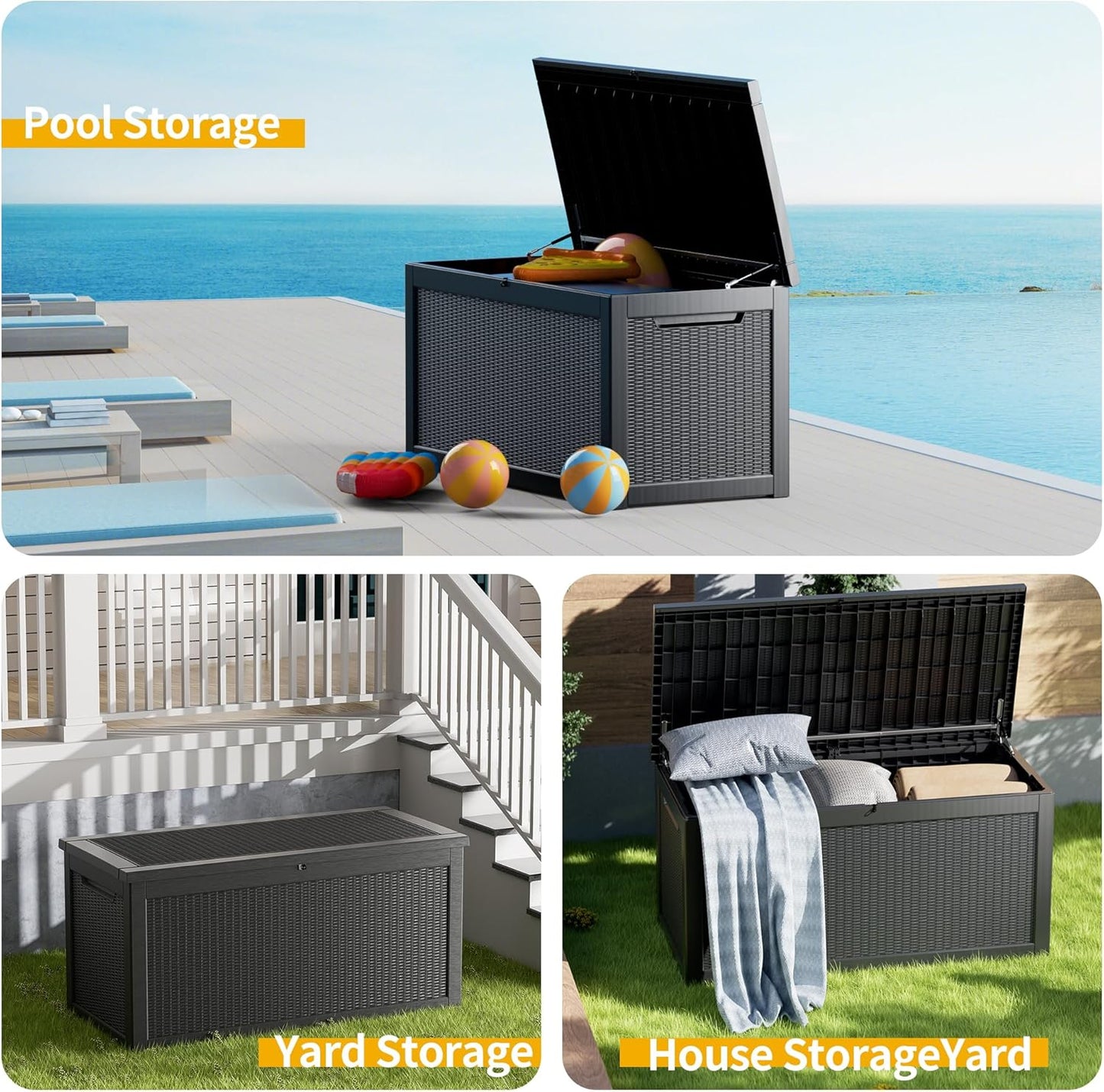 270 Gallon Deck Box, Resin Outdoor Indoor Waterproof Storage Box, Lockable Storage Box With Handle for Patio Furniture - Garden Tools - Swimming Pool Tools UV-Resistant - Black
