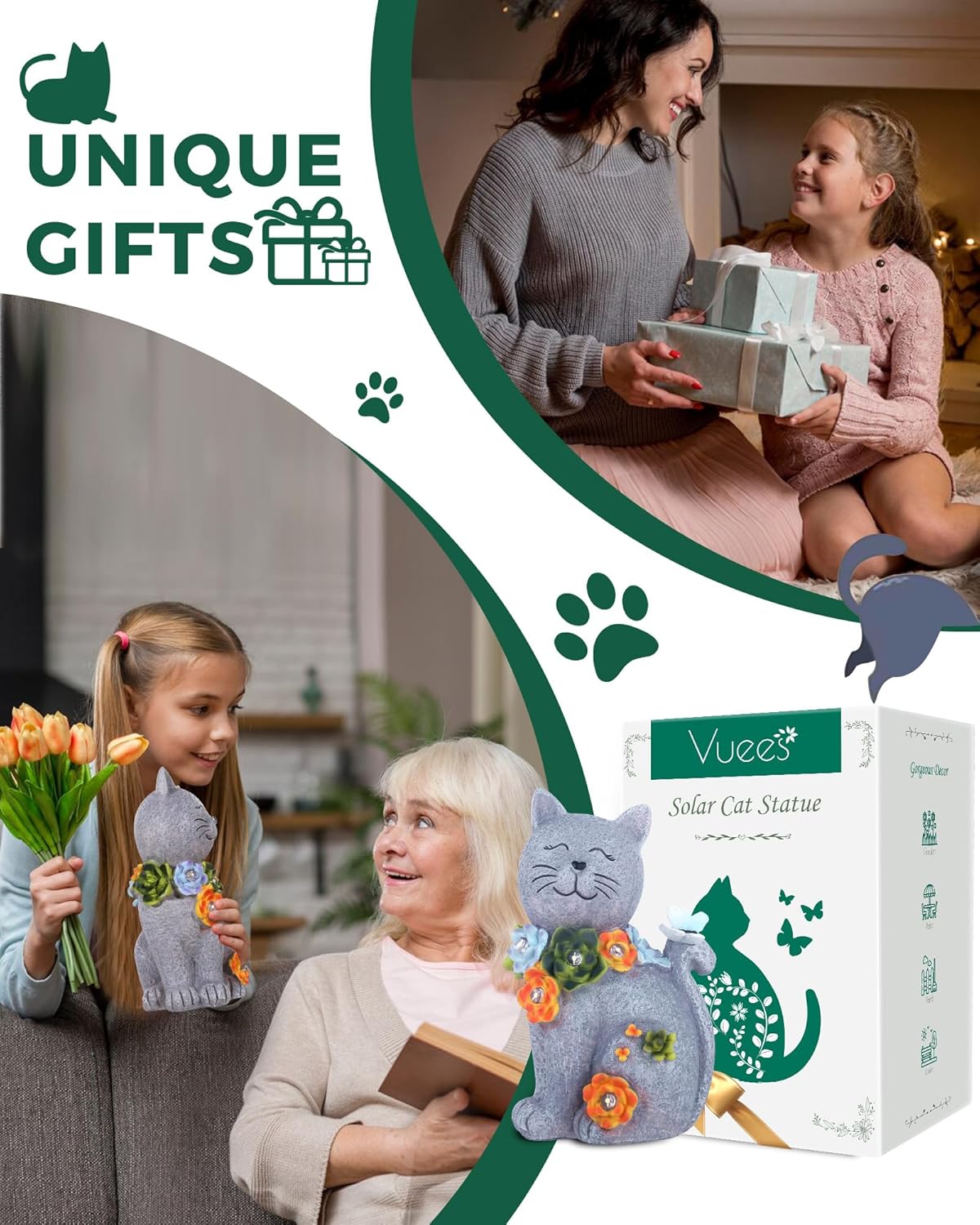 Solar Garden Statues Outdoor Decor, 6 LED Cat Flowers Butterfly Figurine Lights, Waterproof for Balcony Patio Porch Lawn Yard Ornament Art - Gift Ideas for Housewarming Gardening Grandma Women