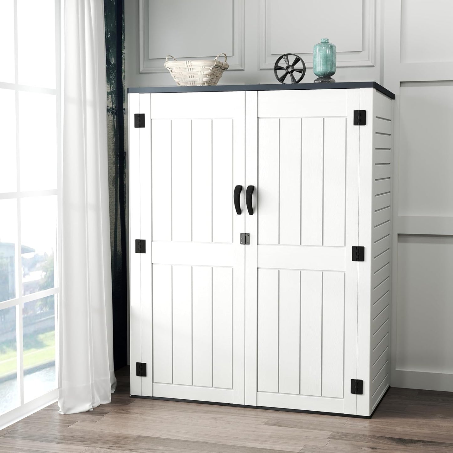 4.5 x 5.7 FT Outdoor Storage Shed, 59 Cuft Outside Waterproof Storage Cabinet, HDPE Resin Plastic 385 Gallon Outdoor Storage Container, Vertical Lockable Storage Shed, Light Grey