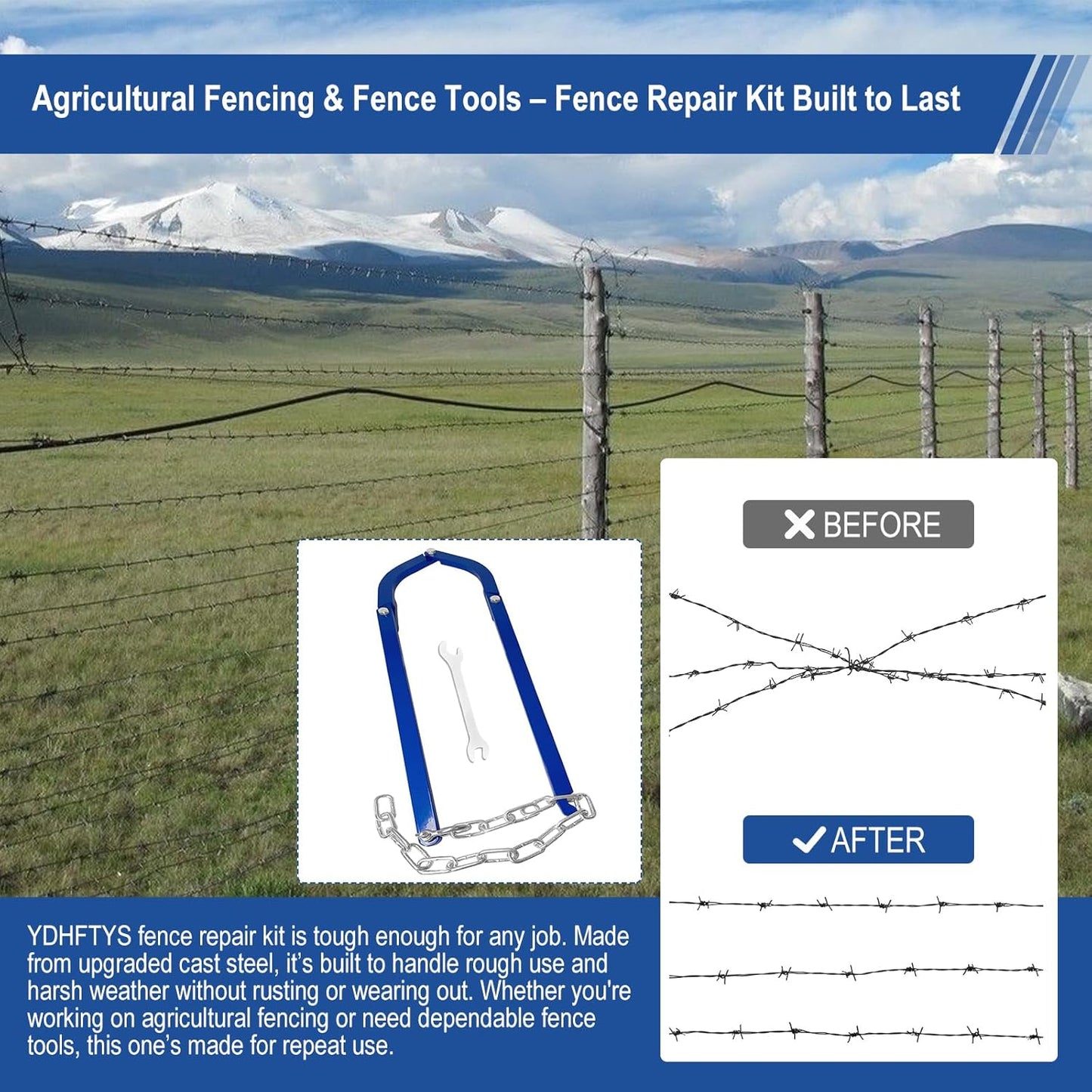 Updated Heavy Duty Fence Repair Tool, Fence Stretcher Tool for Tightening and Restoring Barbed Wire, Electric Fence, Horse Fence, Mesh Fencing, Fence Stretcher-Fence Repair for Ranch,Farm, Garden Use.