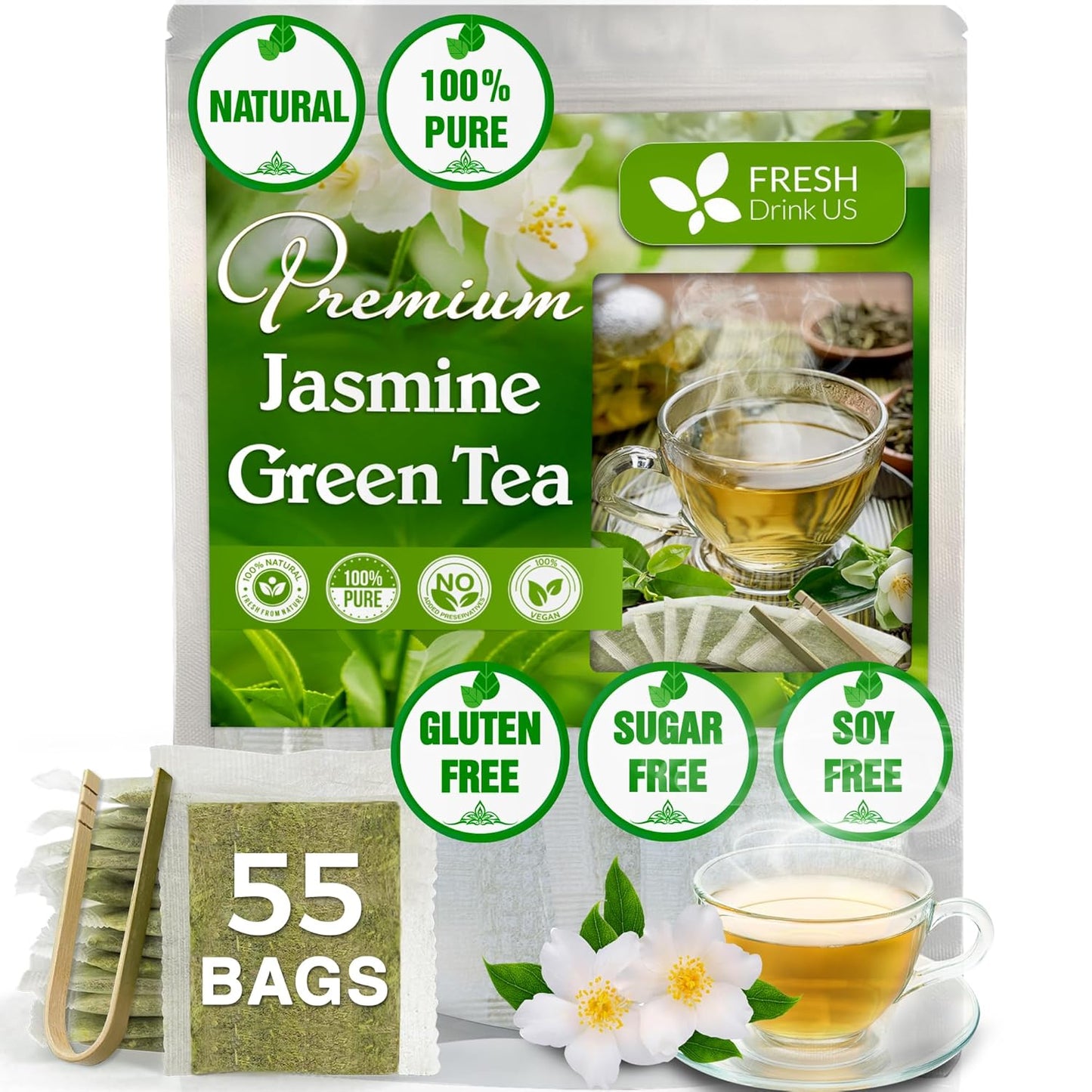 FreshDrinkUS, Premium 55 Jasmine Green Tea Bags, 100% Natural & Pure from Jasmine Green Tea. Jasmine Green Herbal Tea. Made with Natural Material Tea Bags. No Sugar, No Gluten, Vegan.