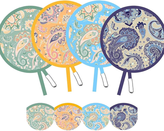 4 Pack Classic Paisley Pattern Foldable Hand Fans, Versatile Round Handheld Fans for Travel, Events, Indoor and Outdoor (Paisley)