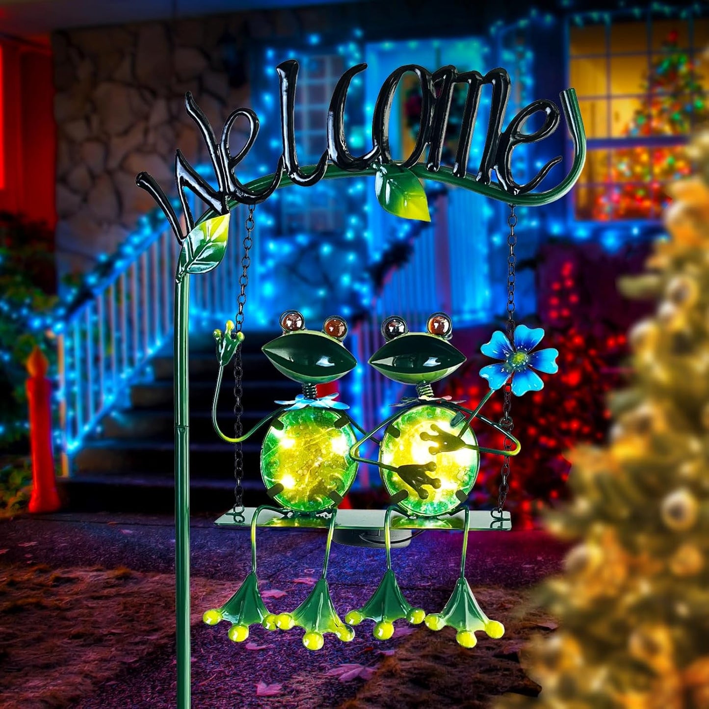 HONGLAND Outdoor Garden Solar Lights,Frog Swing Garden Decor,Frog Decorative Stake with Welcome Sign for Landscape Patio Yard (48 inch)