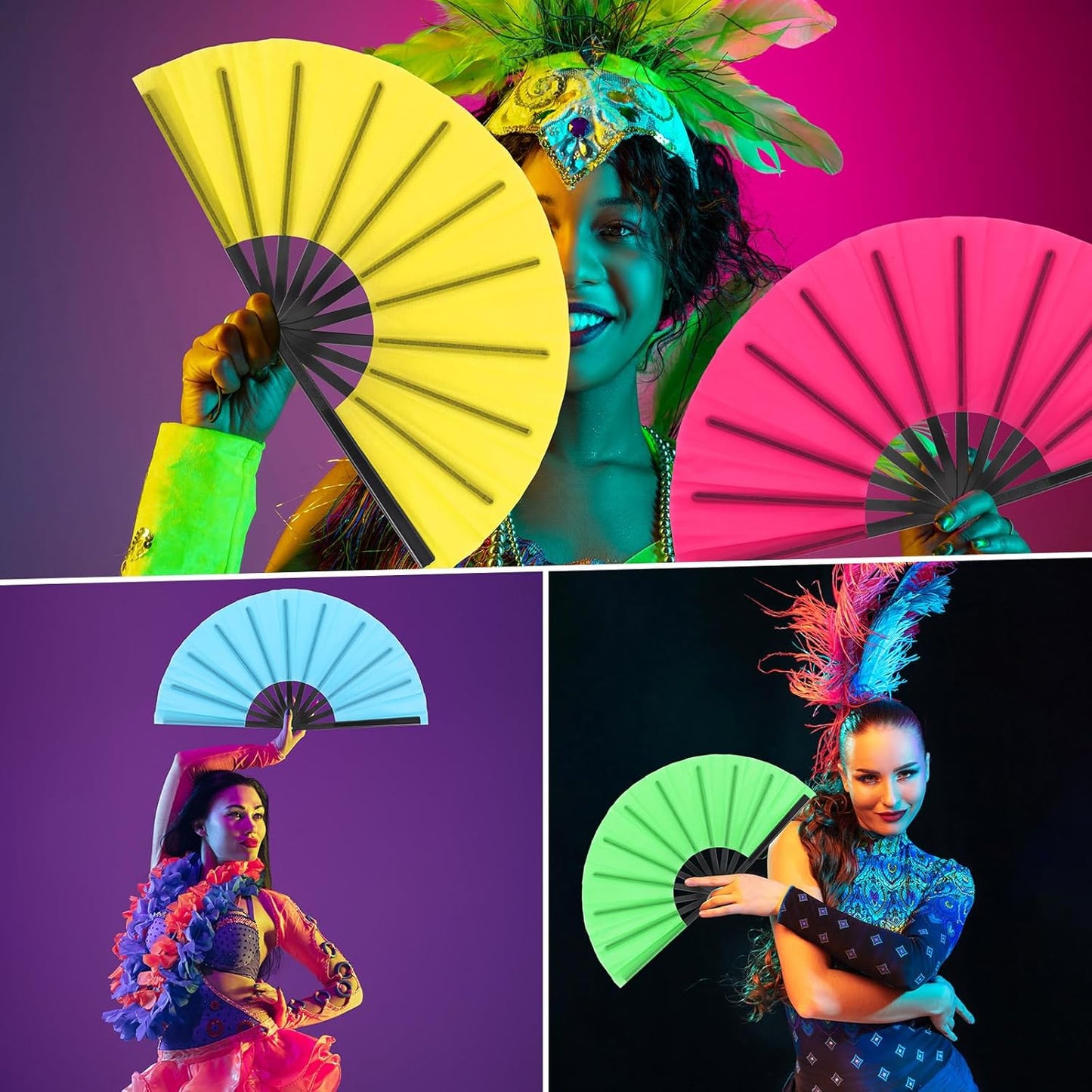 Blulu 4 Pcs 13 Inch Large Folding Hand Fans for Line Dancing Big Clapping Popping Raves Fans Bulk for Dancing Boots on The Ground Festival Party Decoration(Classic Style, Fluorescent Color)