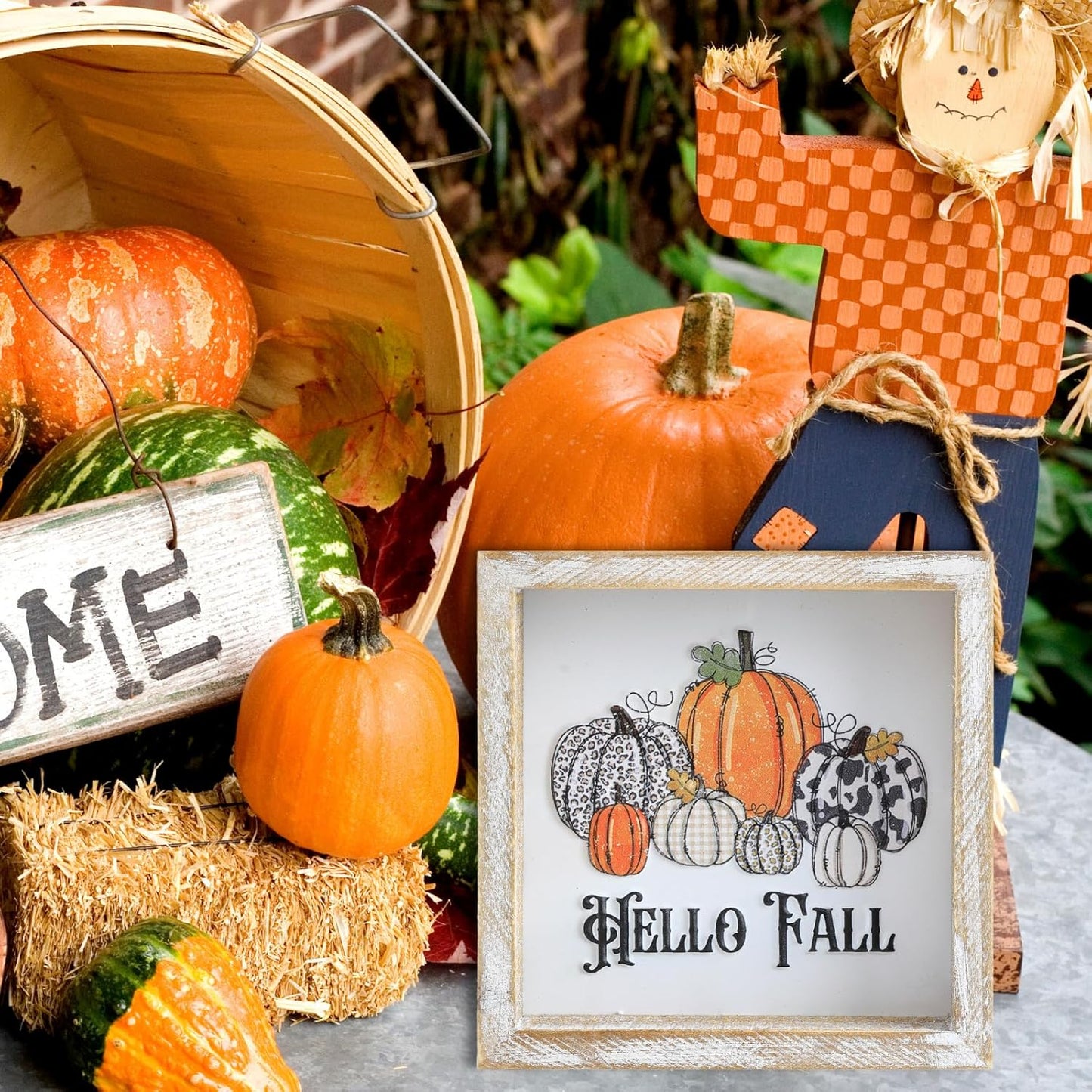 Embossed Pumpkin Sign, Farmhouse Autumn Decorations, Wooden Fall Tiered Tray Decor for Shelf Cubicle Desk Mantel, Rustic Thanksgiving Table Decor
