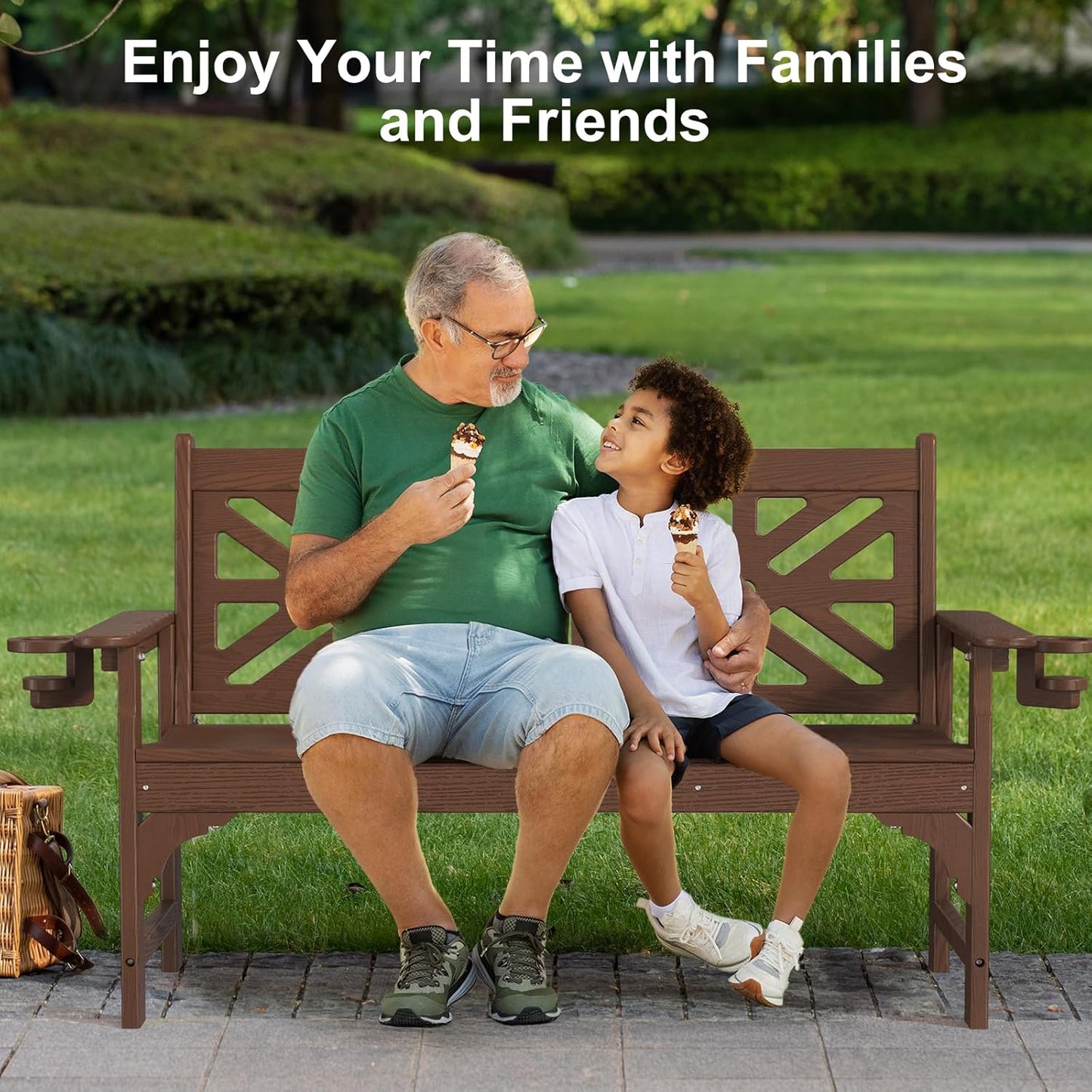 Oversized Outdoor Bench with Cup Holders, 51.5” HDPE Aesthetic Garden Bench for 2 Person, Memorial Benches - Easy Assembly & All Weather, for Porch & Patio, 800lbs Load Capacity (Brown, 1pc)