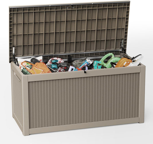 260 Gallon Outdoor Storage Box Waterproof, UV Resistant Resin Deck Box with Hydraulic Rod, Reinforced Stability for Patio, Garden, Rattan Gray