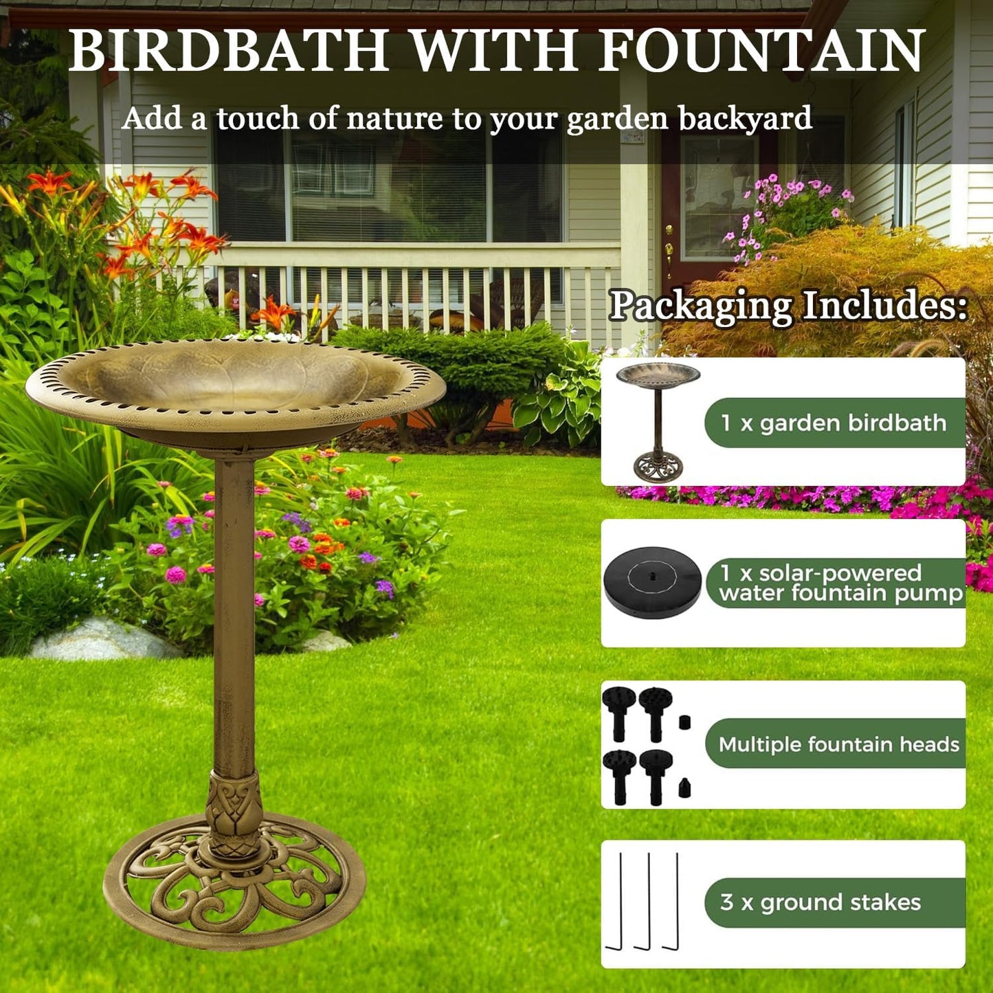 Bird Bath with Solar Powered for Outdoors, 28 Inch Copper Birdbath with Solar Water Fountain Bird Baths Feeder Bowl for Outdoors Garden Patio Yard Lawn Decor