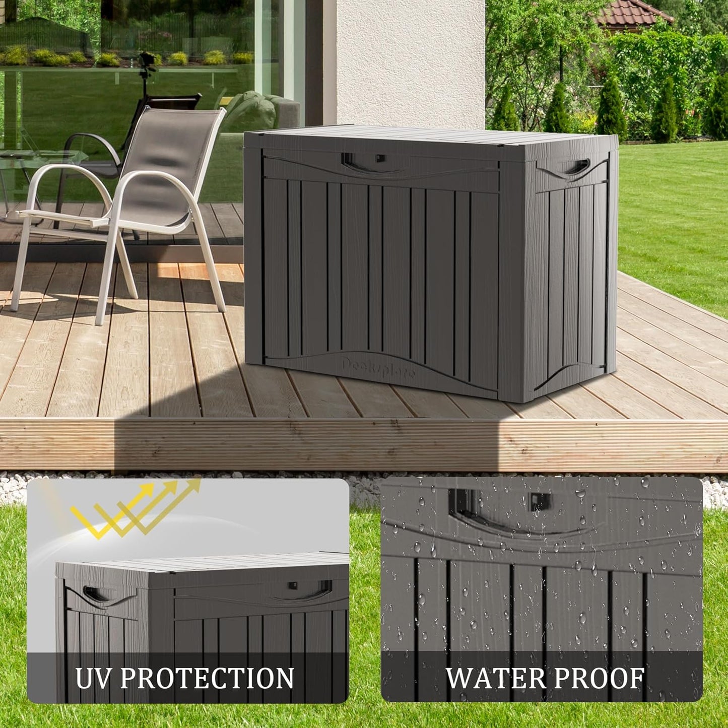 45 Gallon Deck Box, Resin Outdoor Indoor Waterproof Storage Box, Lockable Storage Box With Handle for Patio Furniture - Garden Tools - Swimming Pool Tools UV-Resistant, Brown