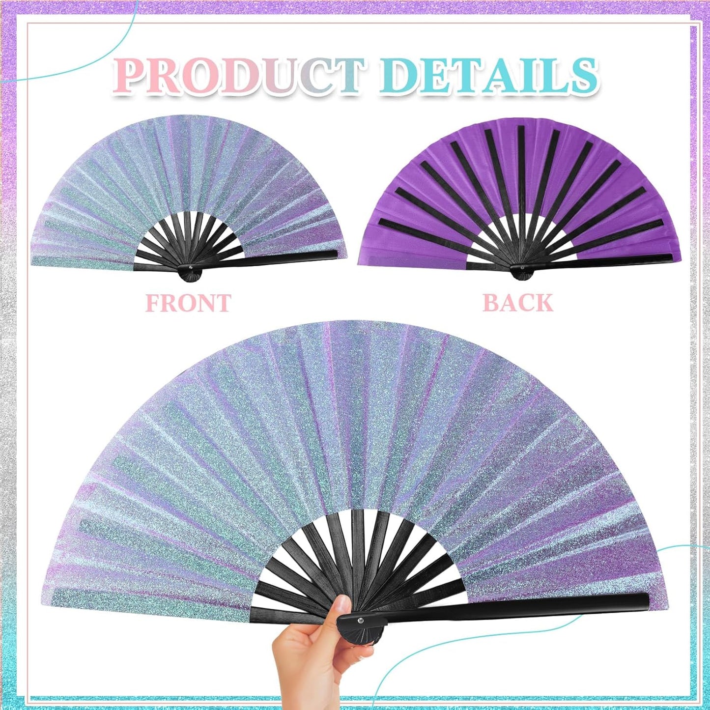 Maitys 2 Packs Large Clap Fans for Line Dancing Large Chinese Folding Hand Fans for Men and Women, Festival, Tai Ji, Kungfu, Martial Art, Gifts (Glitter Sliver and Purple)