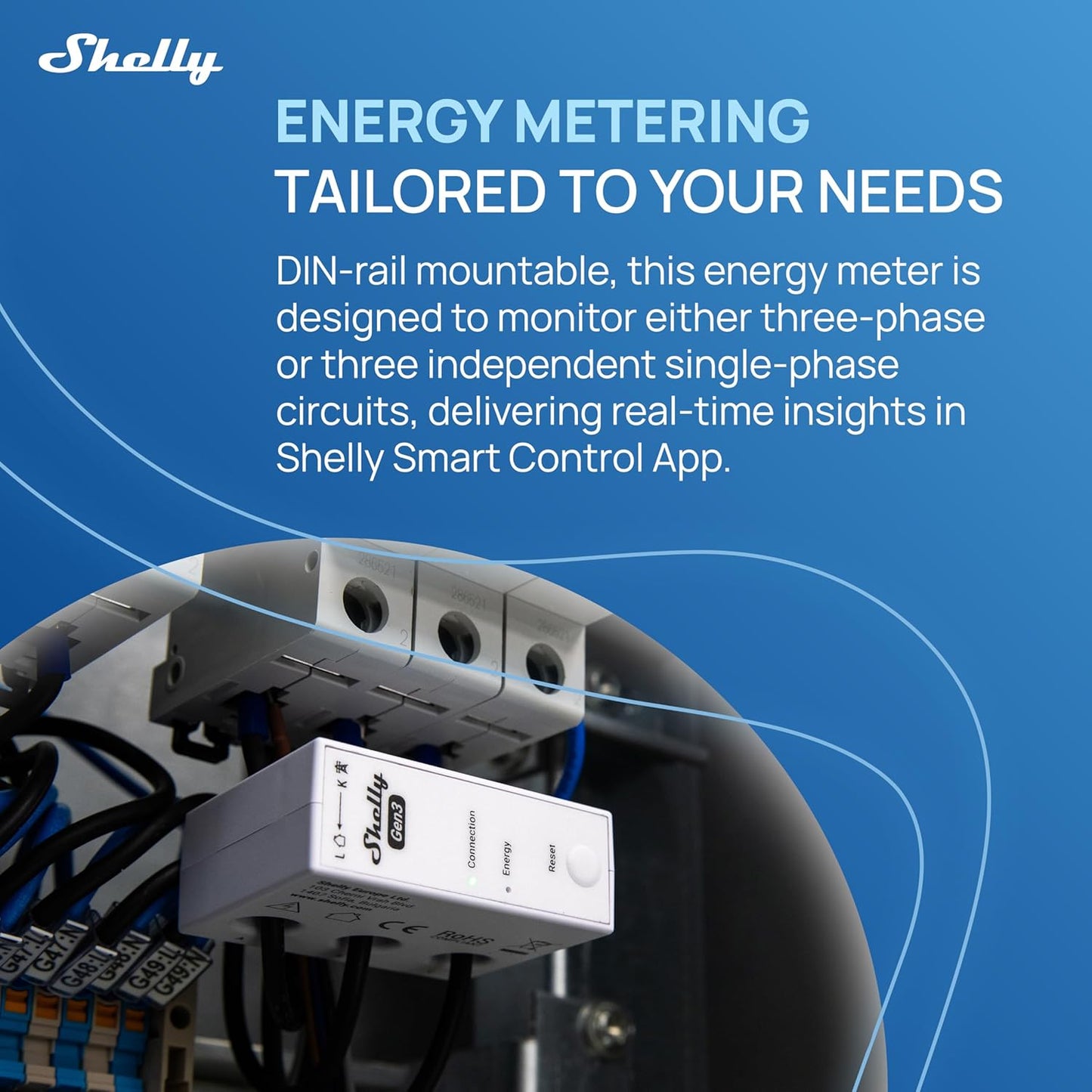 Shelly 3EM-63W Gen3 | Wi-Fi Operated Smart 3-Phase Energy Meter | Home Automation | Compatible with Alexa & Google Home | iOS Android App | No Hub Required | Data Logging | Solar Photovoltaic Ready