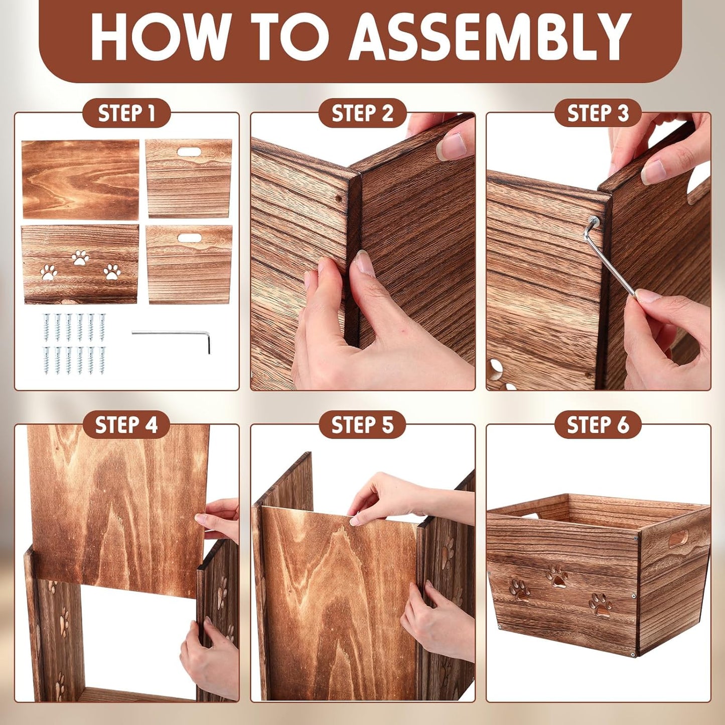 3 Pack Rustic Wooden Crates Hollow Claw Wooden Storage Boxes with Handles Dog Toy Box Large Handmade Farmhouse Decorative Wood Crate for Display