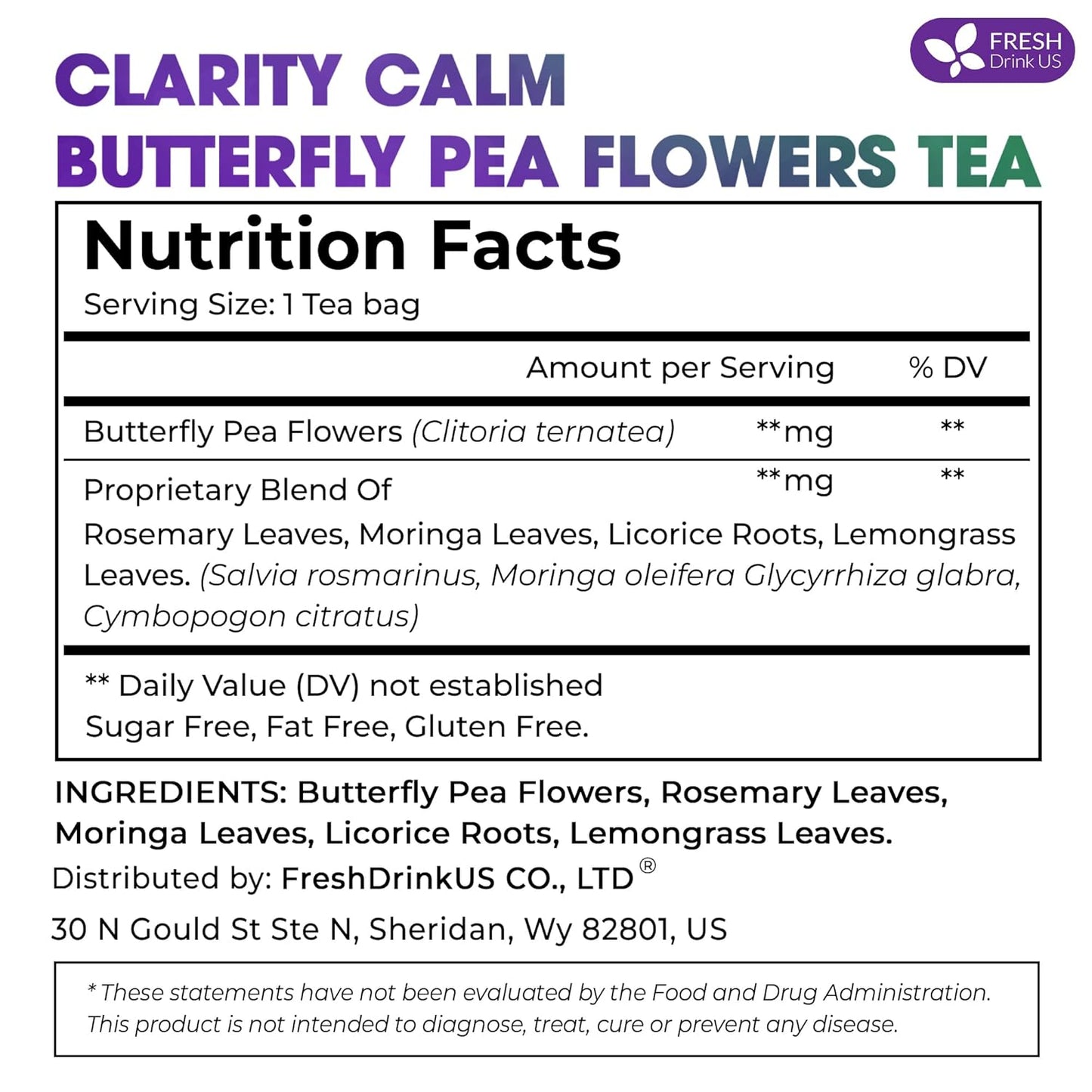 FreshDrinkUS, Clarity Calm Butterfly Pea Flower Tea – 60 Tea Bags Herbal Blend of Butterfly Pea Flower, Rosemary, Moringa, Lemongrass & Licorice Root – Caffeine-Free. Sugar-Free. Gluten-Free. Vegan