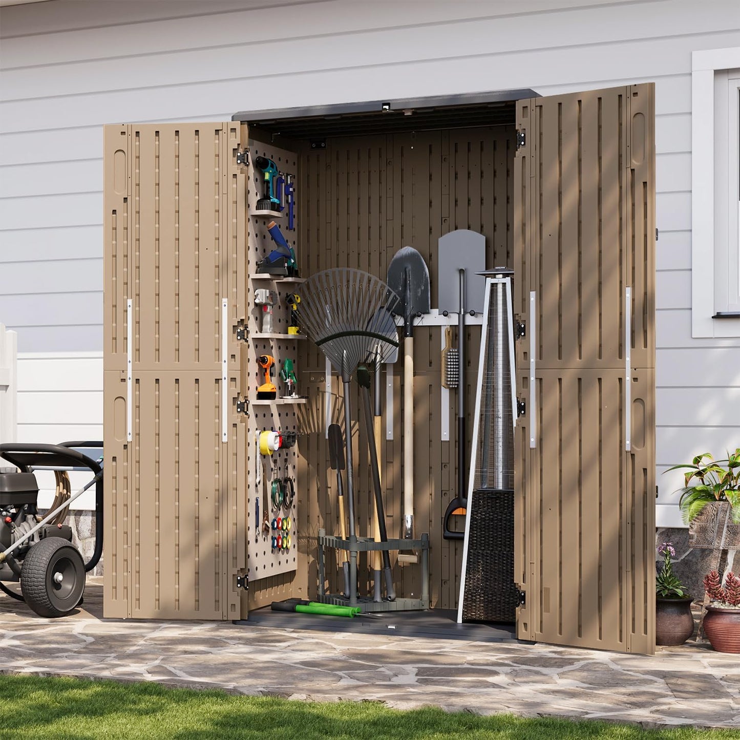 Aoxun Outdoor Storage Shed with Floor, 64 Cu.Ft Large Outdoor Storage Cabinet, Waterproof Vertical Resin Shed for Garden Tools, Pool Equipment, Brown
