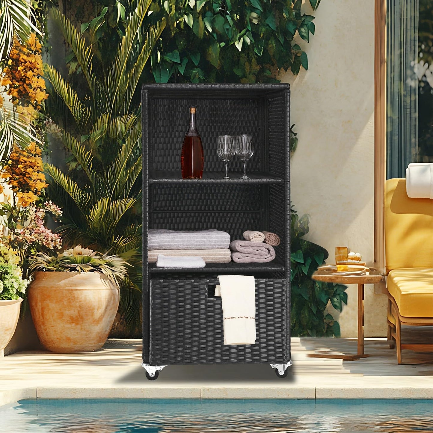 Outdoor Towel Rack for Pool Outdoor Pool Towel Storage Cabinet with Shelf & Drawer Pool Towel Holder with Rolling Wheels Hot Tub Towel Rack w/Waterproof Cover Poolside Towel Valet Caddy for Spa Black