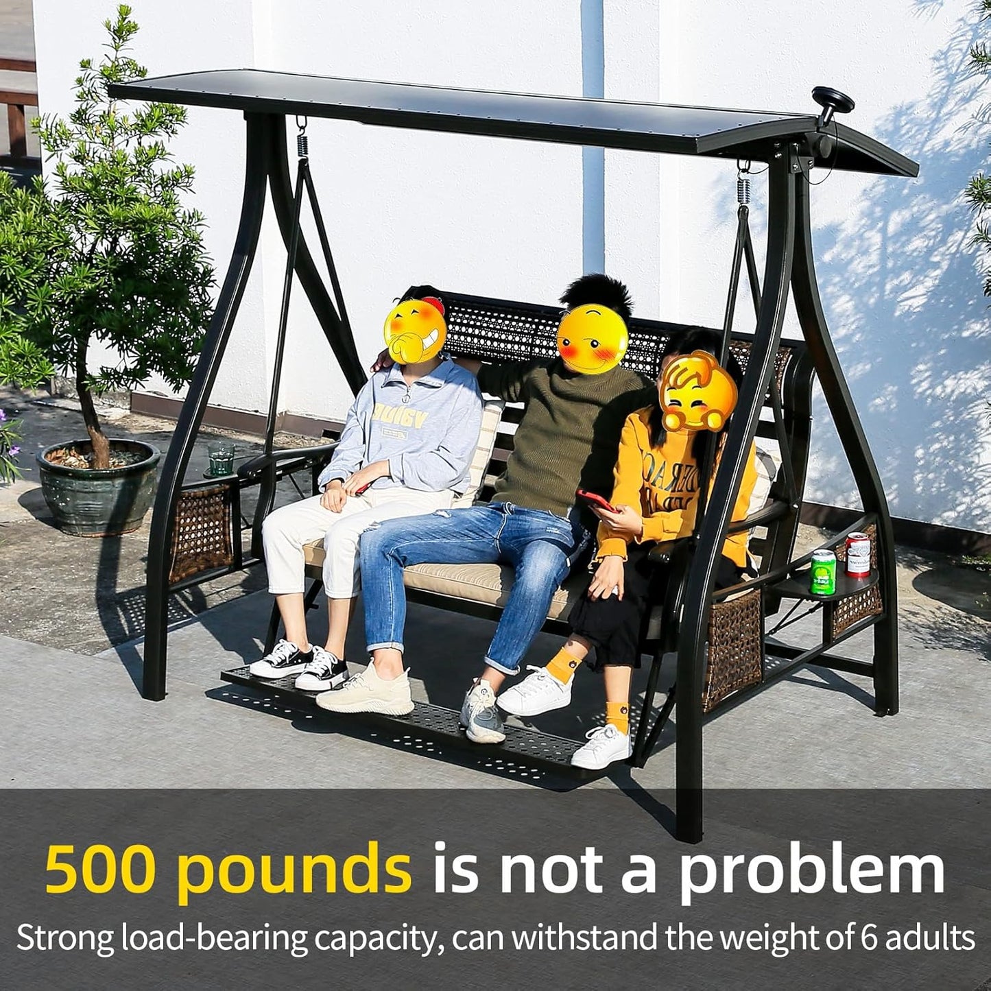 2/3-Seat Outdoor Patio Porch Swing with Adjustable Aluminum Alloy Canopy Solar Patio Swing Chair Bench with Footrest Side Cup Holder for Backyard Lawn (Heart of Ocean-3 Seat)