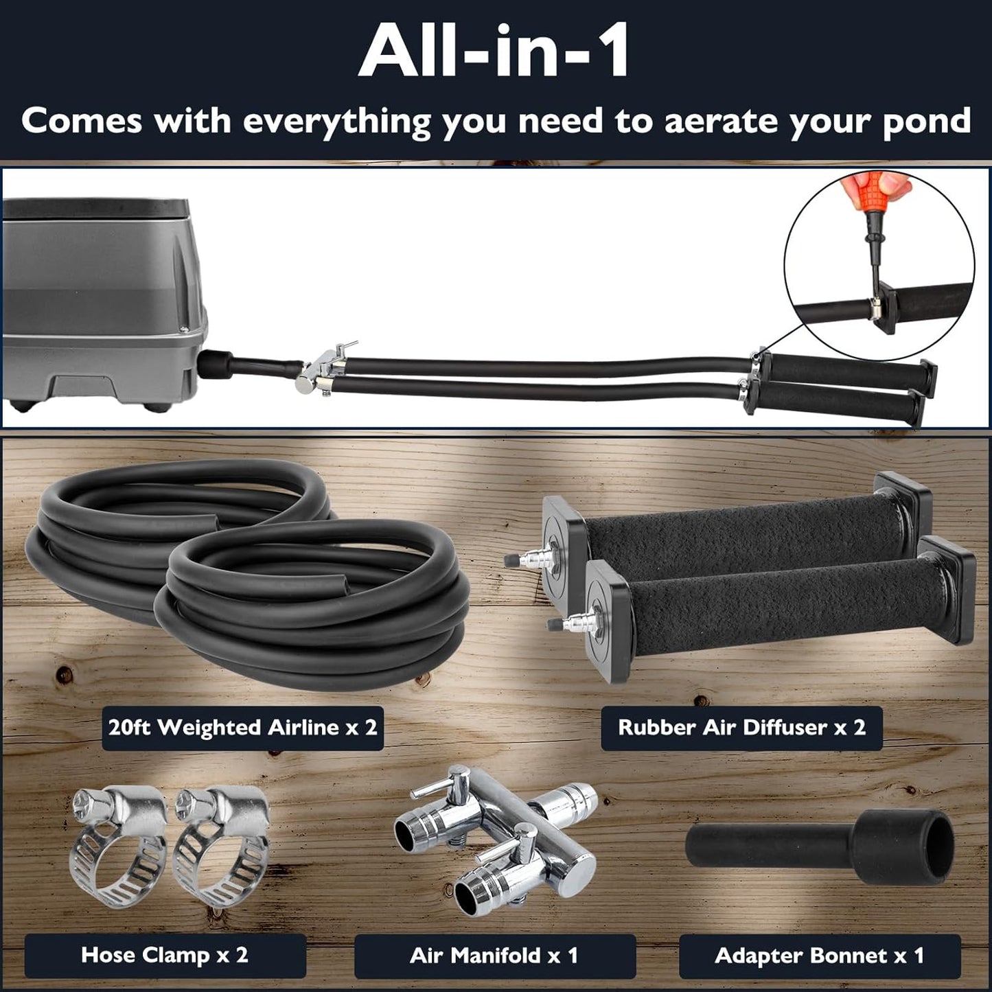 AquaMiracle Koi Pond Aerator Pond Air Pump for Outdoor Ponds 10000-15000 Gallons, All-in-One Aeration Kit with Self-Sinking Airline Flow Control Rubber Air Diffuser