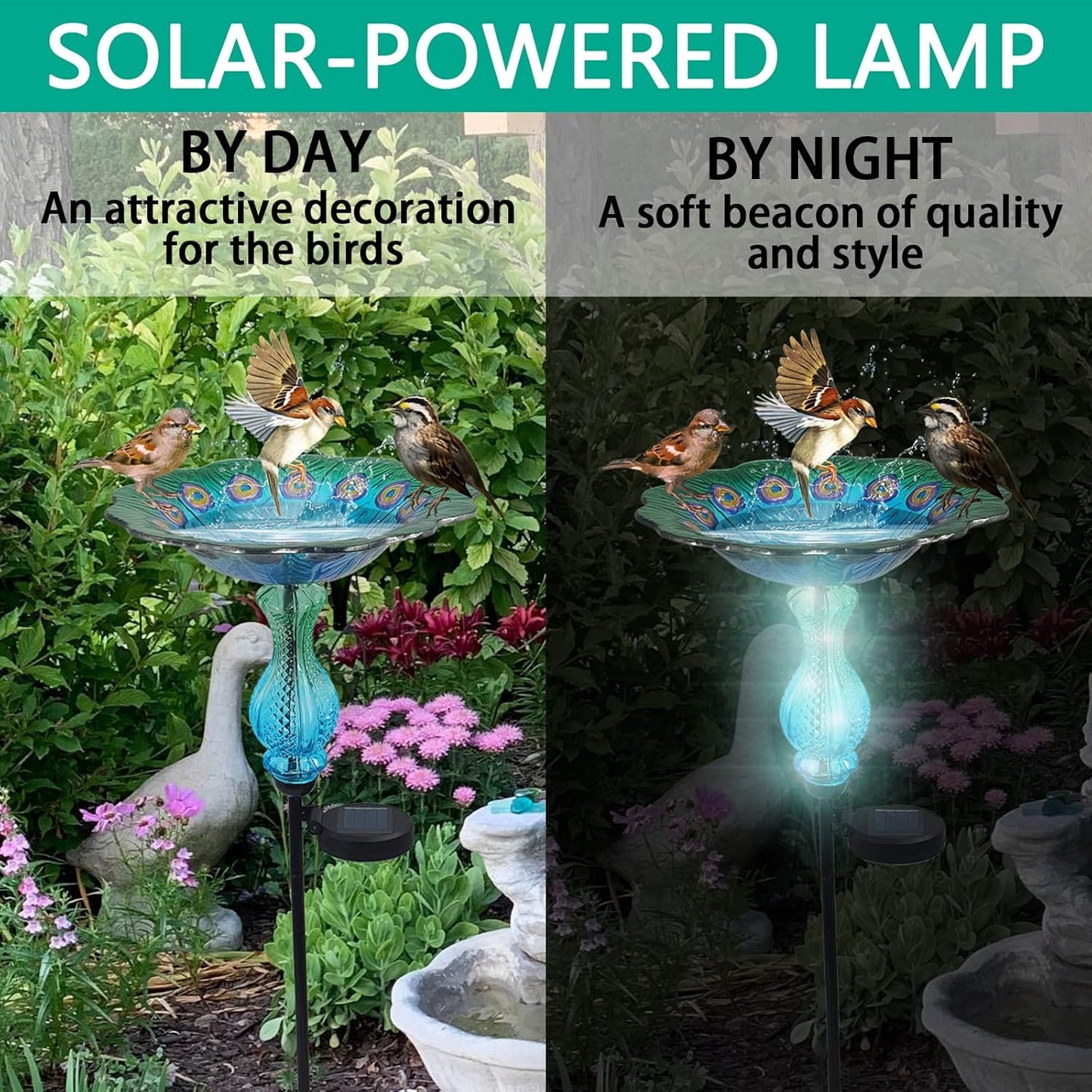 John's Studio Peacock Bird Bath for Outdoor - Glass Bowl Solar Light Cage Outside Dish Bird Feeder with Metal Stake for Garden, Yard and Patio - 32 inches