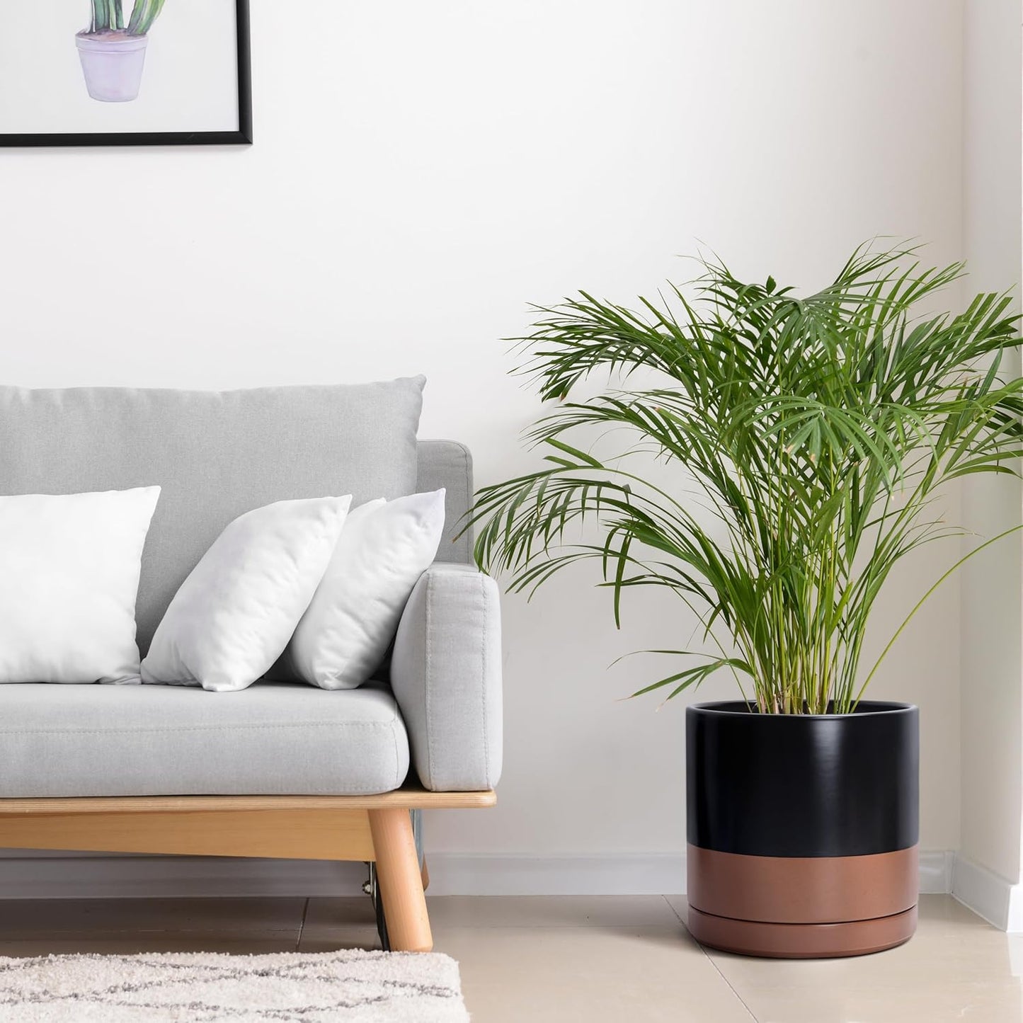 D'vine Dev 12 Inch Ceramic Planter Pot with Drainage Hole and Saucer, Indoor Cylinder Round Planter Pot, Black/Speckled Tan, 94-O-F-7