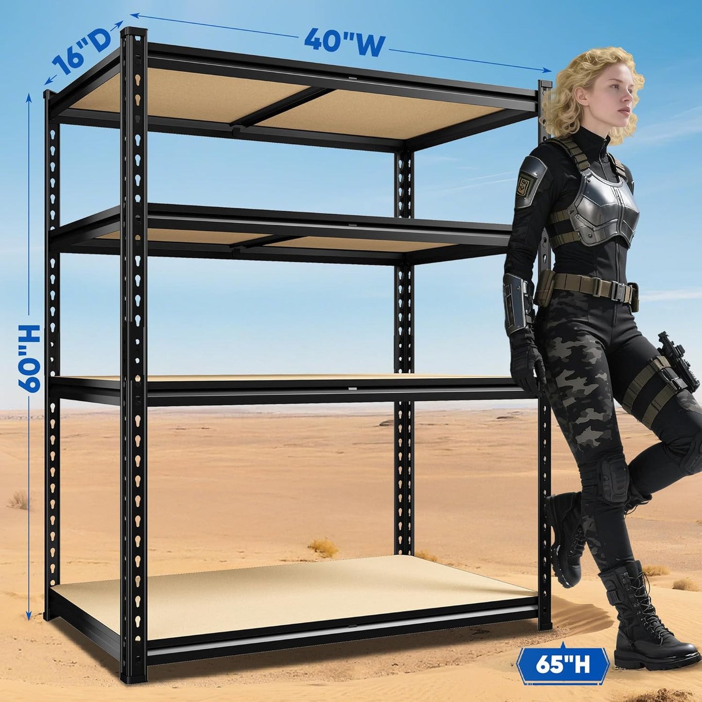 40" W Garage Shelving, 4 Tier Storage Shelves Load 2000 lbs, Adjustable Garage Shelves, Metal Shelving Unit for Warehouse, Basement, Pantry, 40" Wx 16" D x 60" H, Black