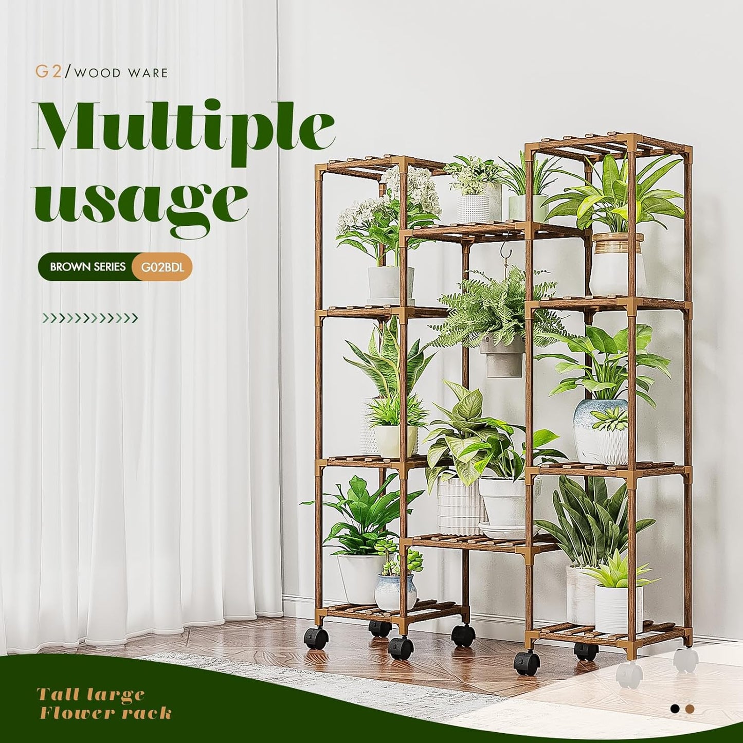 Plant Stand with Wheels Outdoor Indoor Hanging Plant Shelf for Multiple Plants Tall Large Holder for Living Room Patio Balcony Garden Corner Mobile