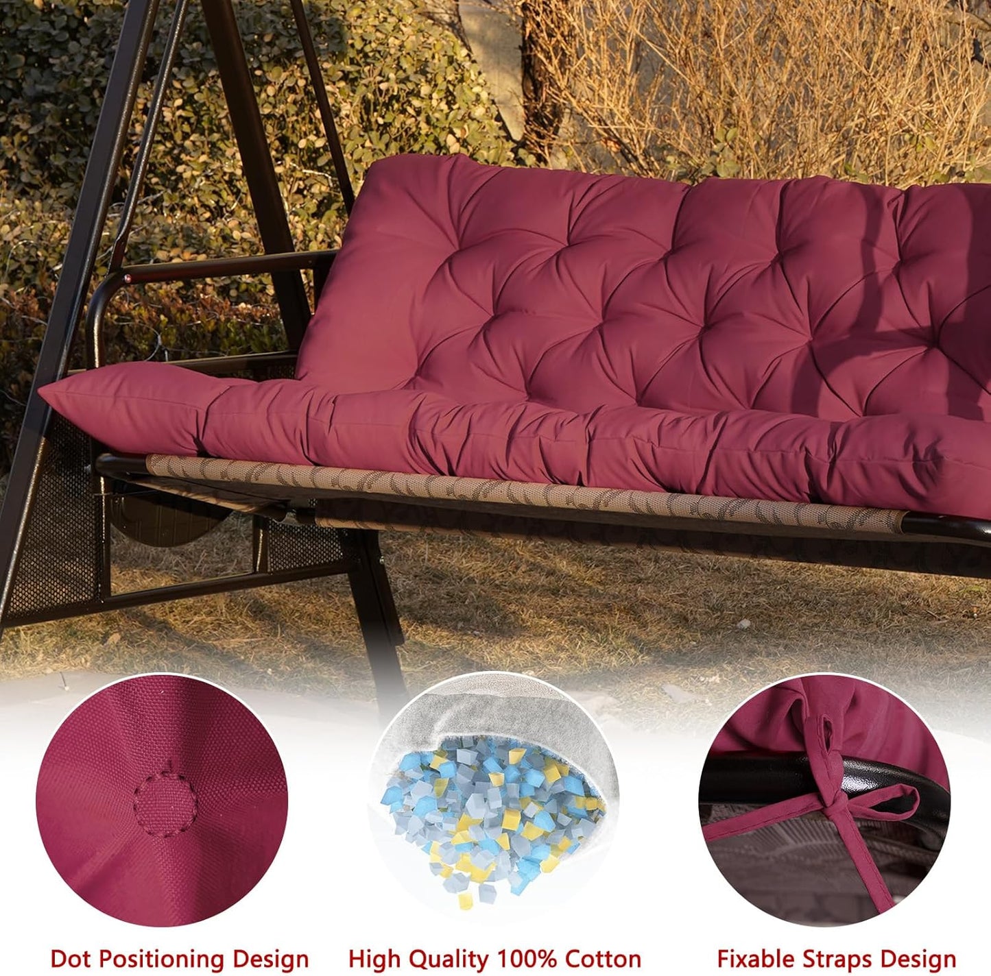Porch Swing Cushions,Outdoor Cushions 3 Seater Replacement with Backrest, Waterproof Thickened Bench Cushion with Ties for Porch, Patio,Outdoor, Backyard and Garden (Wine Red 60 * 40 in)