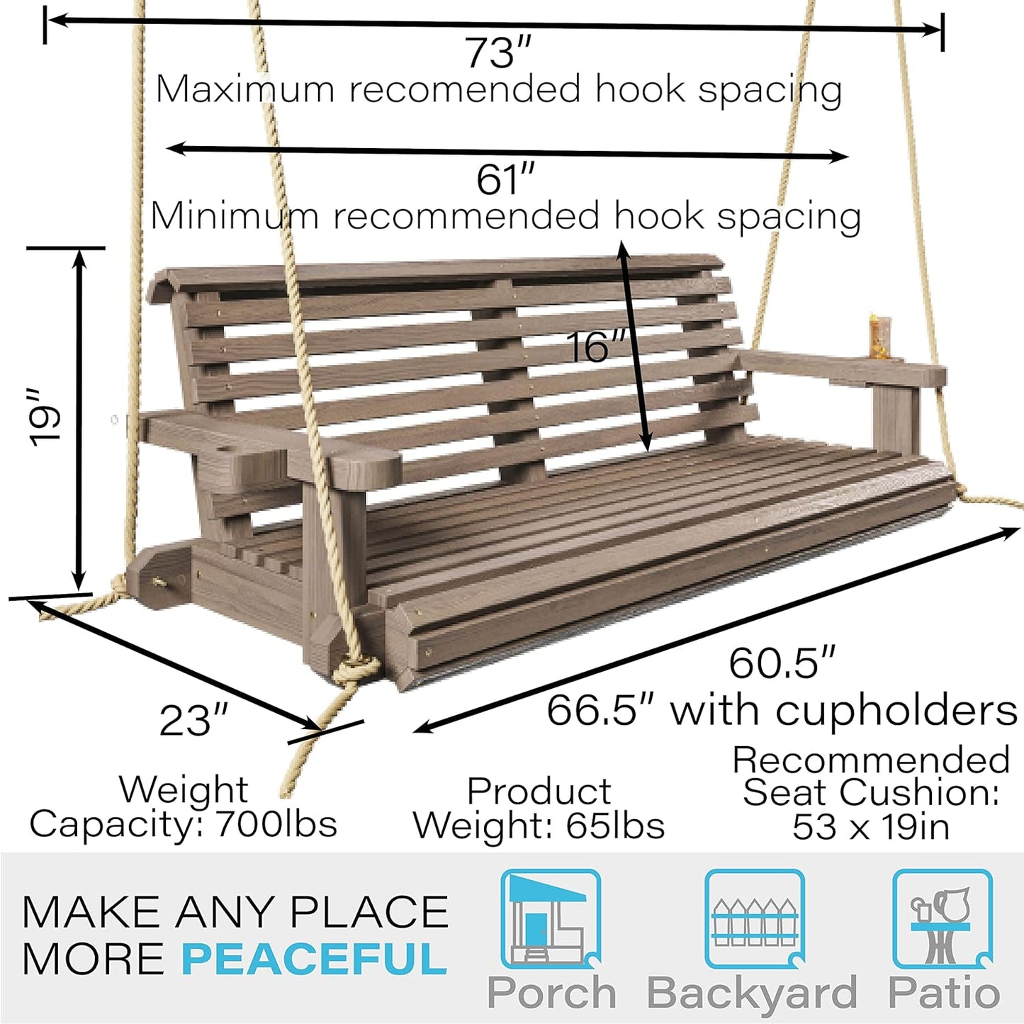Porchgate Amish Heavy Duty 800 Lb Roll Comfort Treated Porch Swing W/Ropes (5 Foot, Warm Walnut Stain)