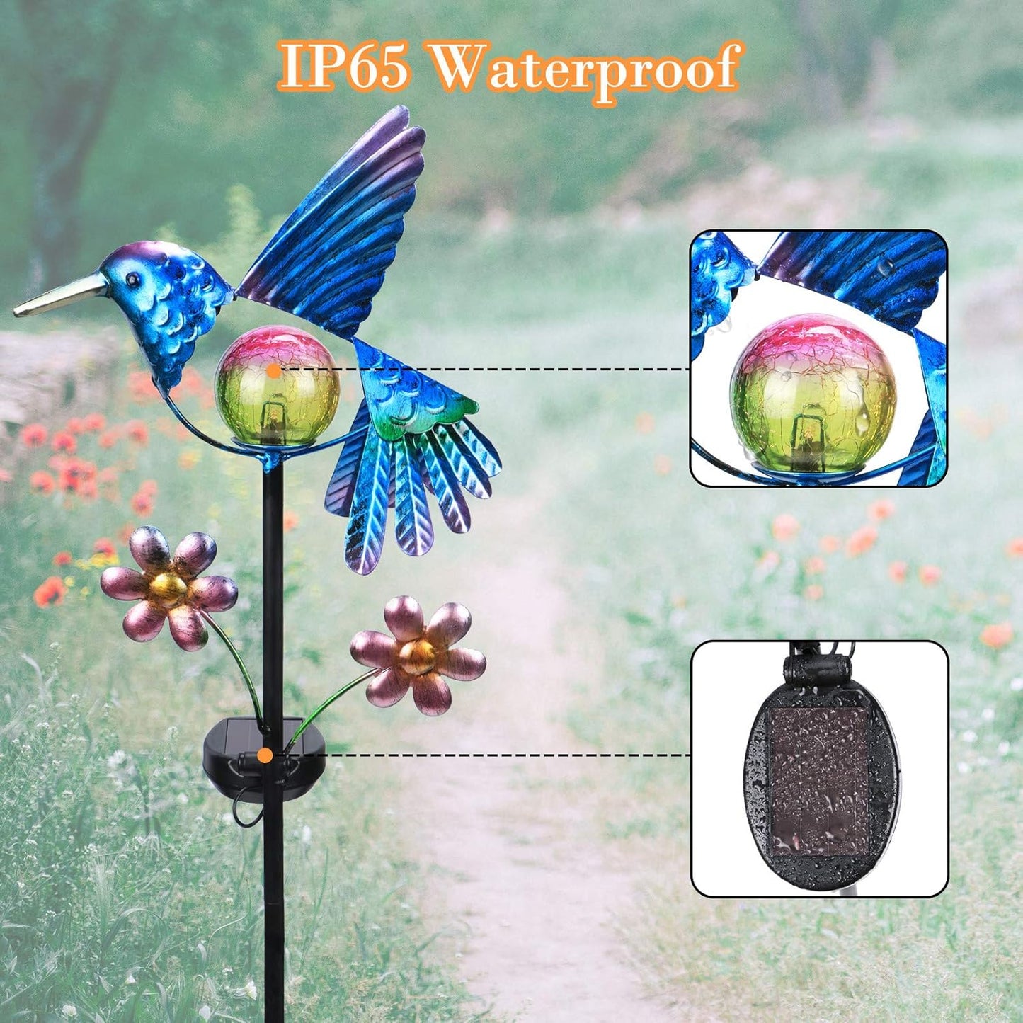 Afirst Solar Garden Stake Lights - Outdoor Waterproof Decorative Solar Hummingbird LED Warm Crackled Glass Globe Lights for Walkway, Pathway, Yard, Lawn