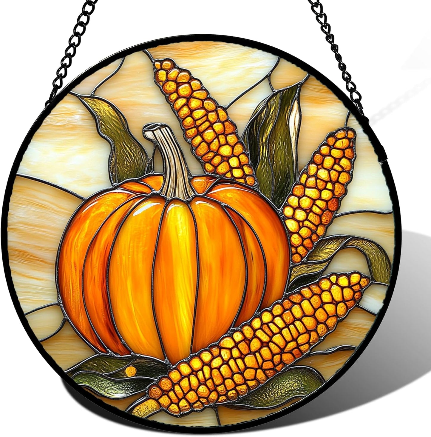 Stained Glass Window Hanging Autumn Harvest Pumpkin Corn 9.8" - Suncatcher Door Garden Kitchen Sunroom Sun Catcher Fall Home Decor Birthday for Mom Grandma Men Woman