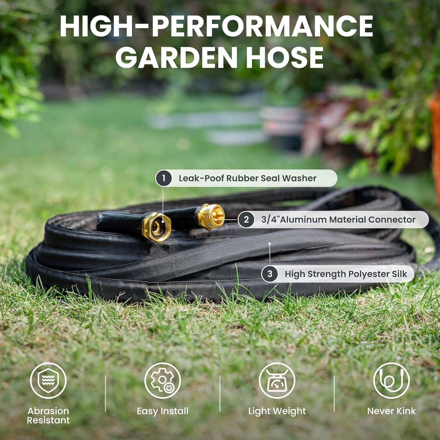 Giraffe Tools Garden Hose 75FT Lightweight Lay Flat Water Hose Kink Free Flexible Hose with 9 Spray Function Nozzle（Black）
