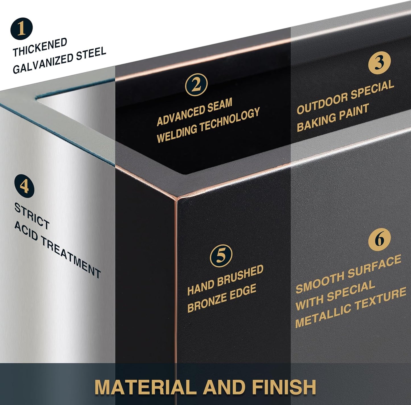 Metallic Heavy Outdoor Planter Box, Span Planter, Long and Tall Divider, 30Lx10Wx24H, Black with Gold Rim, 30.8 Pounds