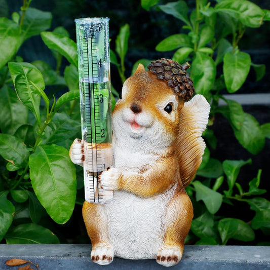 FORUP Resin Squirrel Rain Gauge, Hand Painted Squirrel Sculpture Water Gauge