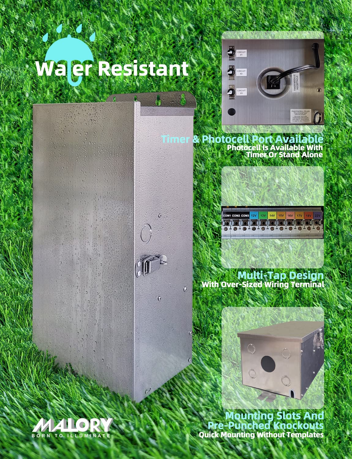 MALORY 900W Low Voltage Transformer with Timer & Photocell for Landscape Lighting,(19''H) 120V AC to 12/13/14/15/16/17/18/22V Multi-Tap Power Supply for Outdoor Landscape Lights,Yard Garden Lights