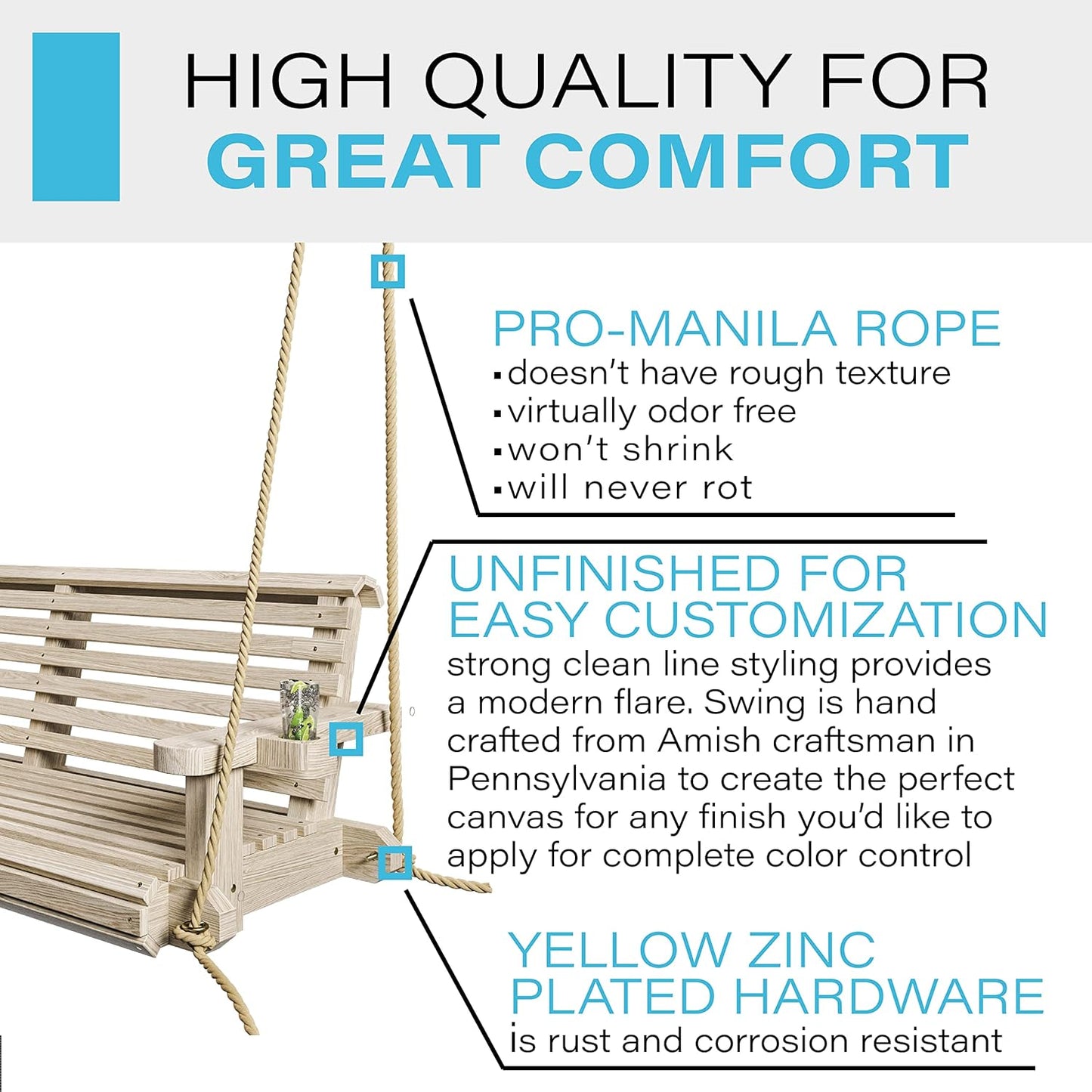 Porchgate Amish Heavy Duty 800 Lb Roll Comfort Treated Porch Swing W/Ropes (4 Foot, Unfinished)