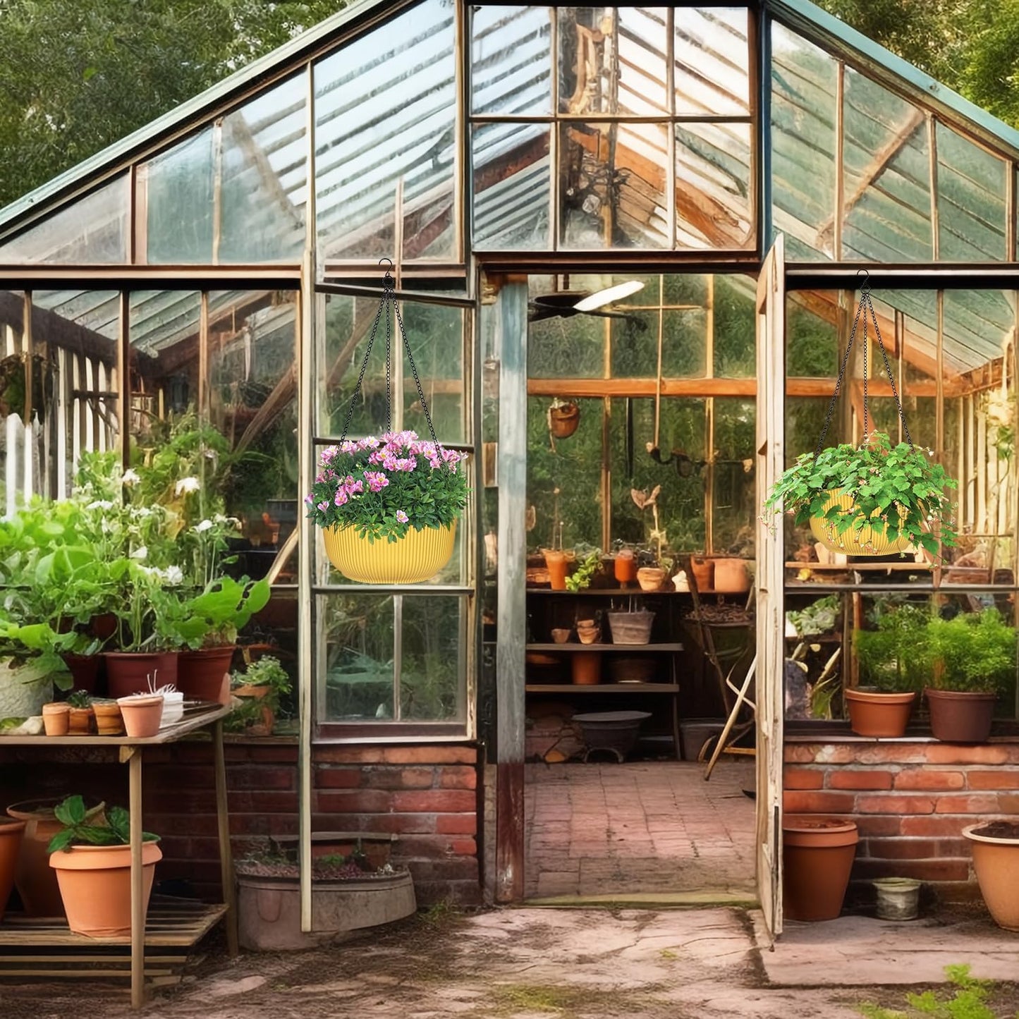 Hanging Planters 9/10/11 Inch for Indoor Plants, 3 Pack Plant Hanger Outdoor with Drainage Holes, Self Watering Hanging Basket Flower Pot for Garden Home Decor, Yellow