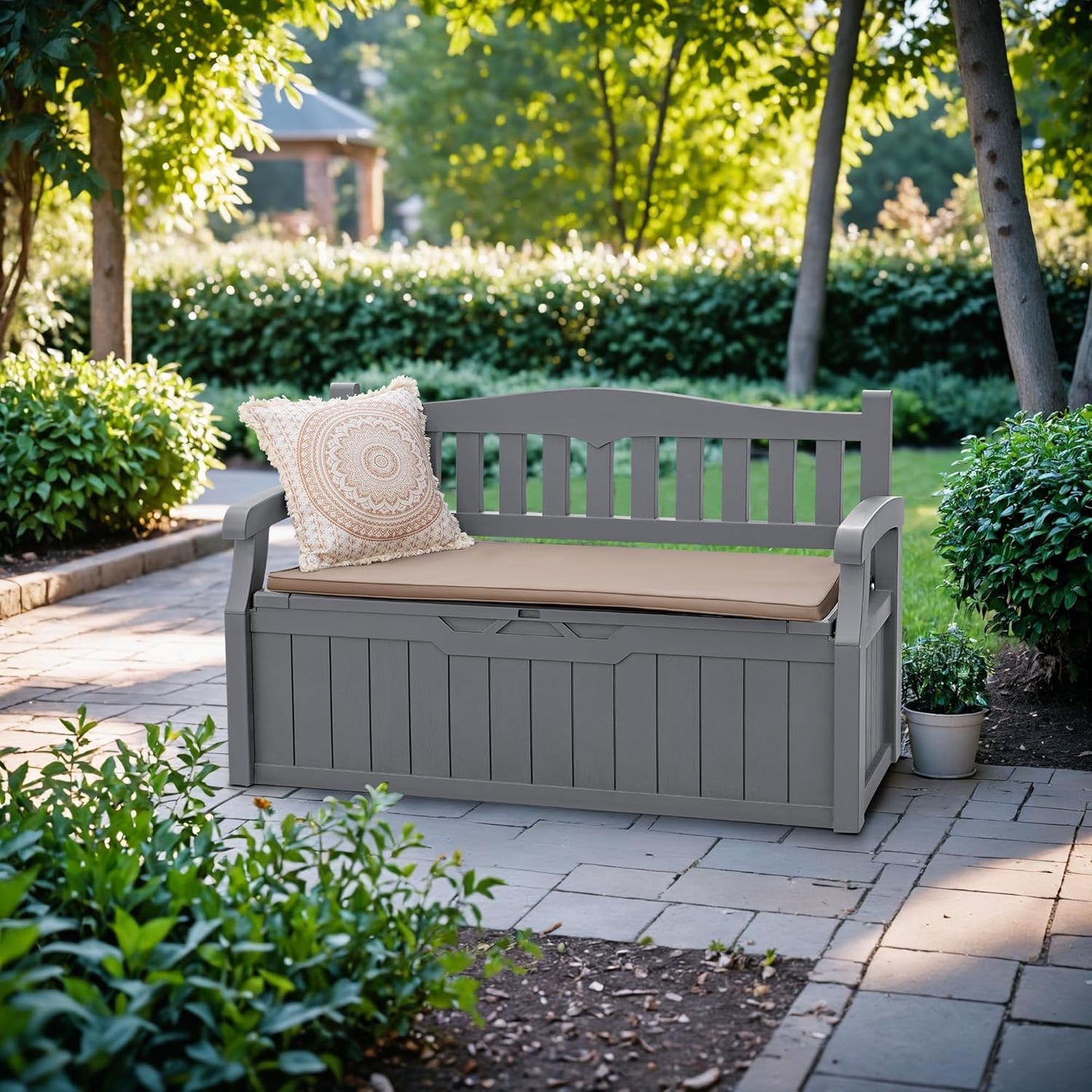 Devoko 80 Gallon Storage Bench Deck Box Lockable for Patio Furniture, Garden Decor and Outdoor Seating for Cushions, Garden Tools and Pool Supplies (Grey)