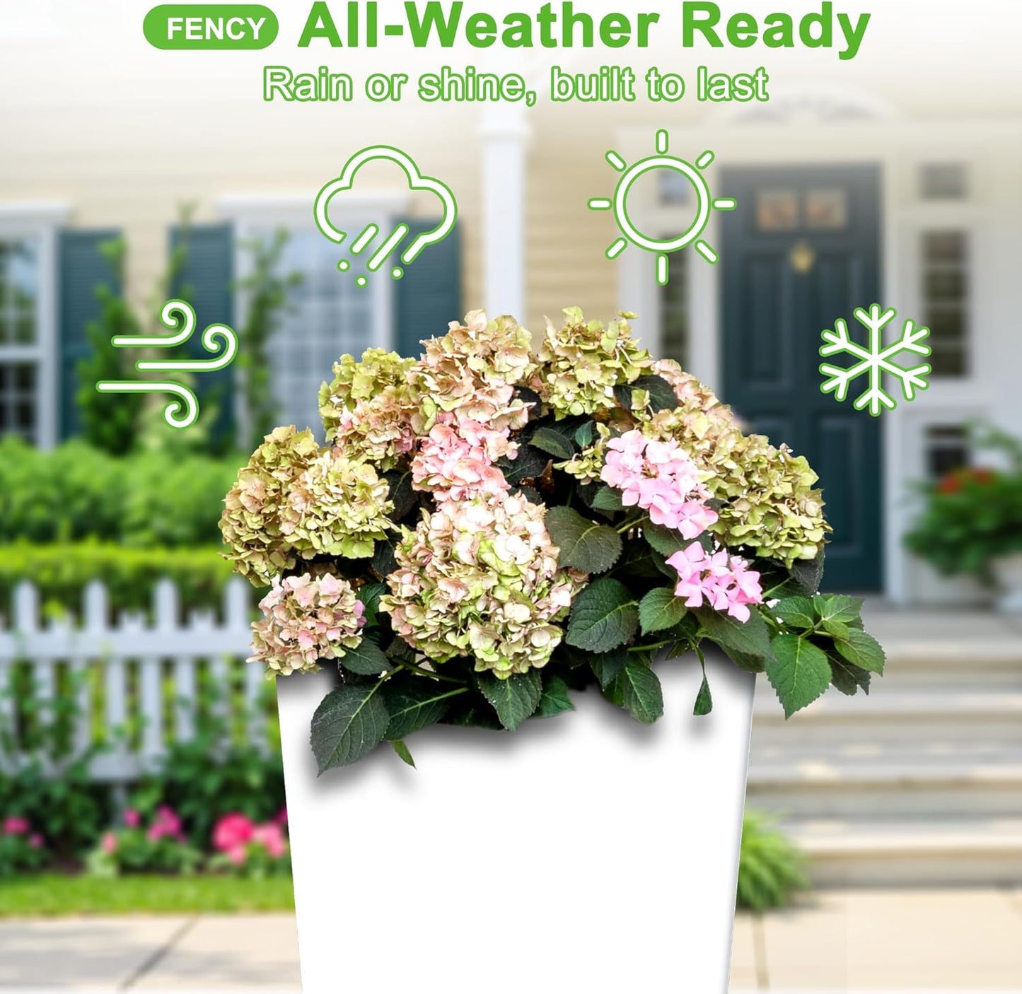 FENCY Set of 2 Tall Planters for Outdoor Plants, 24 Inch Large Tapered Pots with Drainage Trays, Weather-Resistant Plastic Plant Containers for Patio, Porch, Garden, Front Door Decor,White