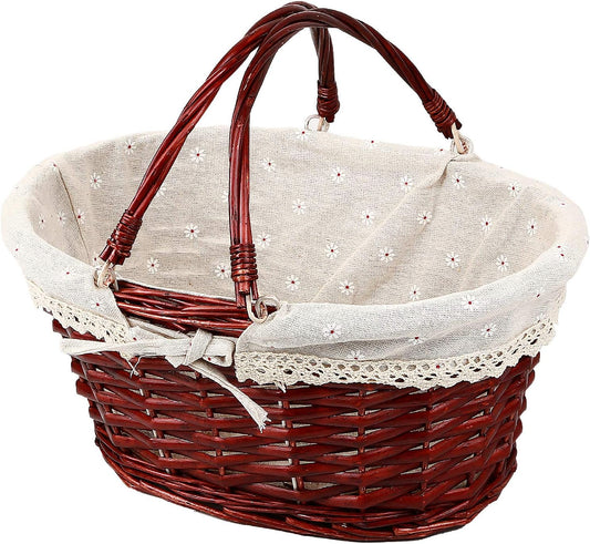 KINJOEK Wicker Woven Basket, Multipurpose Natural Willow Basket with Handle Premium Linen Cotton Cloth Lining for Storage and Decoration, Brown