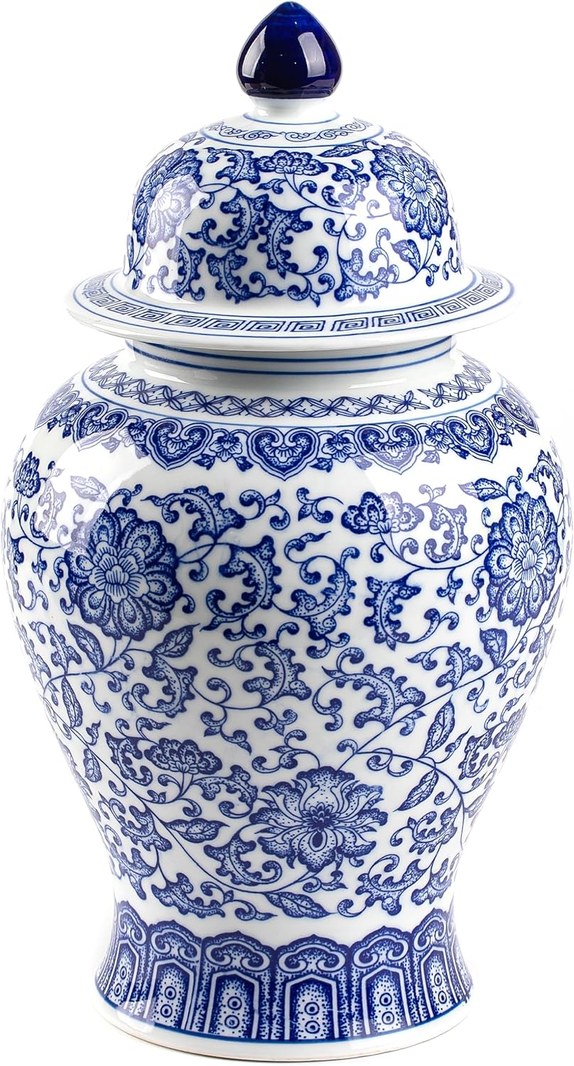 Blue and White Ginger Jar, Ceramic Chinoiserie Decorative Jars for Home, Office, Flower Vase Pocelain, Glossy Vase for Table, Living Room, Bookshelf, Mantle Fireplace, Centerpieces,15" H