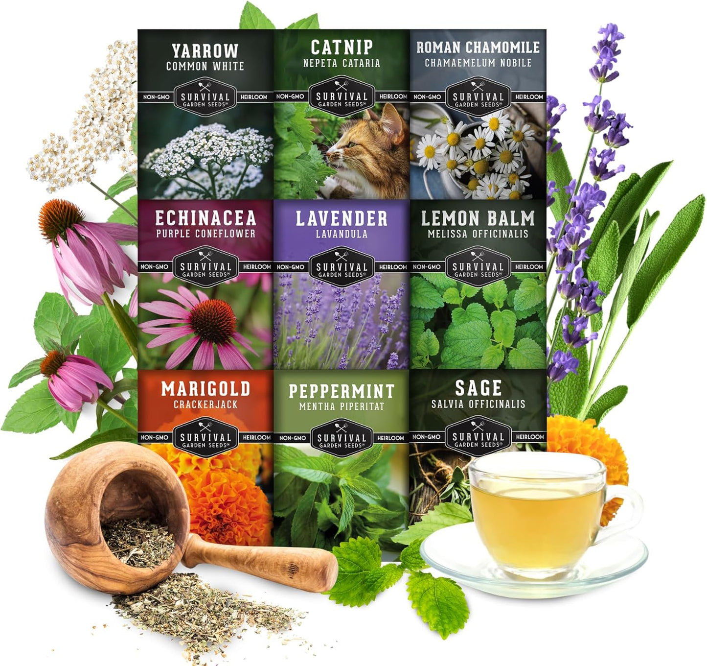 Medicinal Tea Herb Seeds for Planting | 9 Variety Pack of Heirloom, Non-GMO Herbs – Grow Herbal Teas, Natural Remedies – Home Apothecary Garden Kit – Survival Garden Seeds