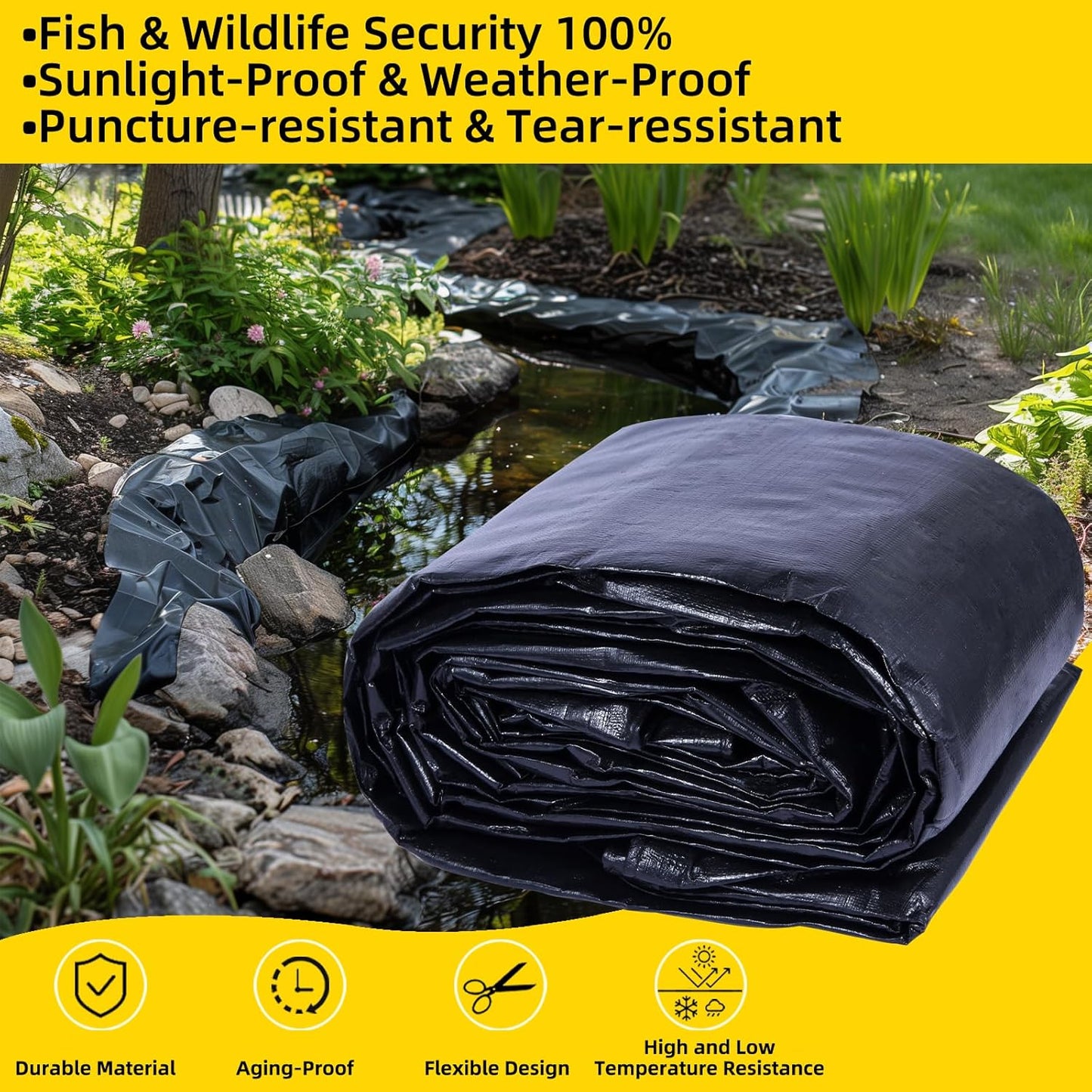 TEZONG Pond Liner,25x30Ft Pond Liners for Outdoor,28Mil PE Black Koi Fish Pond Liner,Reinforced Pond Underlayment for Water Garden,Waterfall,Fountain