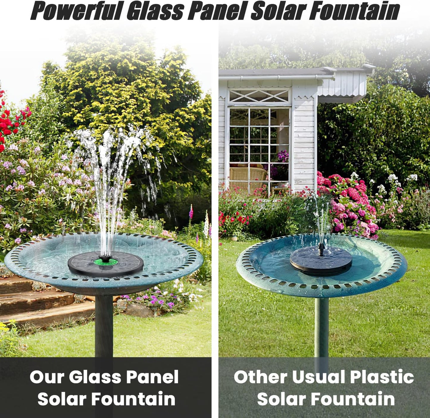 Solar Fountain Full Glass Panel No Battery, 3.5W Solar Bird Bath Fountains with 4 Fixed Rods & 7 Nozzles, Solar Fountain Pump for Bird Bath, Garden, Pond, Pool, Patio -Black Panel