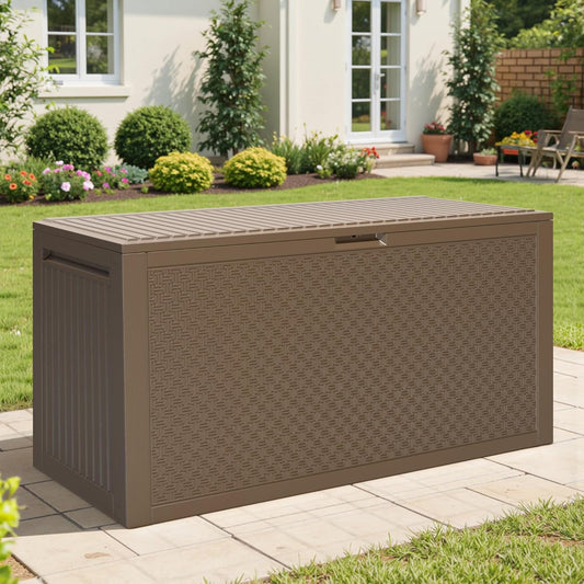 90 Gallon Outdoor Deck Box, Waterproof Outdoor Storage Box, Durable Resin Bin for Patio Cushions, Garden Tools and Pool Accessories, Lockable with UV Protection, Brown, Patio Furniture