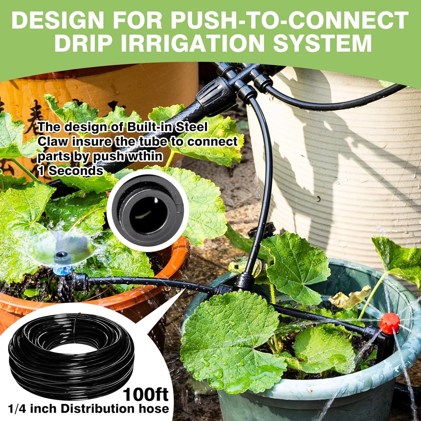 100FT 1/4 inch New Quick-Connect Drip Irrigation Kit Distribution Hose Tubing for Garden Irrigation System (Includes 2 Pcs 6-Way Connector, 5 Pcs 1/4" Tee and 10 Pcs End Plugs)