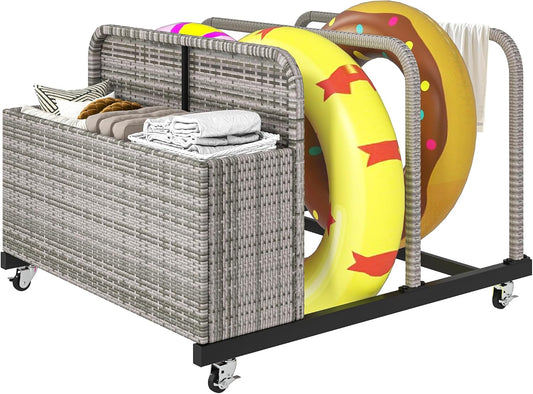 DWVO Pool Float Storage, Pool Storage Bin with PE Rattan,Pool Storage for cushions, Floaties, Noodles, Life Vests, Beach Balls, Patio Furniture (Grey)