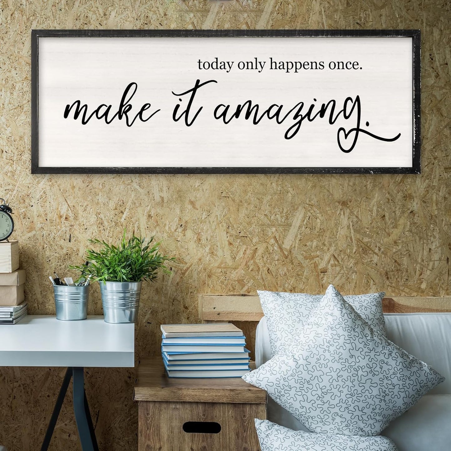 Today Only Happens Once Make It Amazing Wall Art Decor 32x12 Inch Large Inspirational Quote Sign Rustic Living Room Vintage Wood Frame Office Motivational Home Wall Hanging (Black)