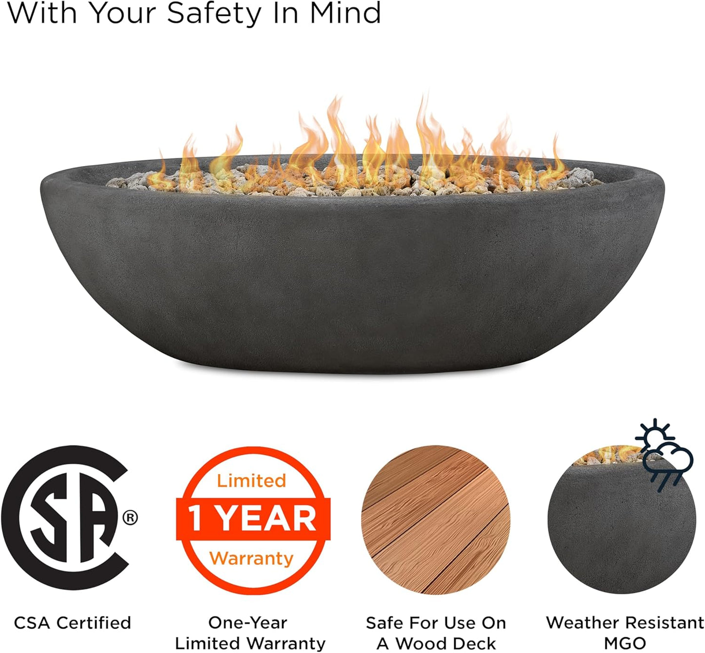 Real Flame Riverside 58" Oval Propane Fire Pit Bowl, Push-Button Ignition, Includes 28" Stainless Steel Burner, Lightweight 50,000 BTUs of Heat - Adjustable Flame Height