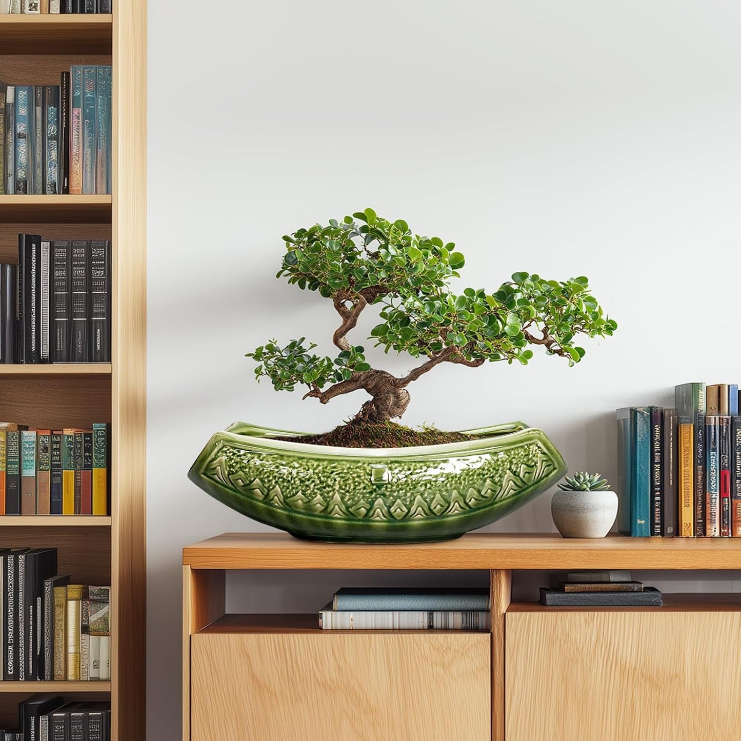 Bonsai Planter 18 Inch - Large Ceramic Succulent Pots with Drainage Hole, Bonsai Pots for Indoor Outdoor Plant, Ceramic Flower Pot, Decorative Plant Pot, Garden Decor, Housewarming Gift, Green